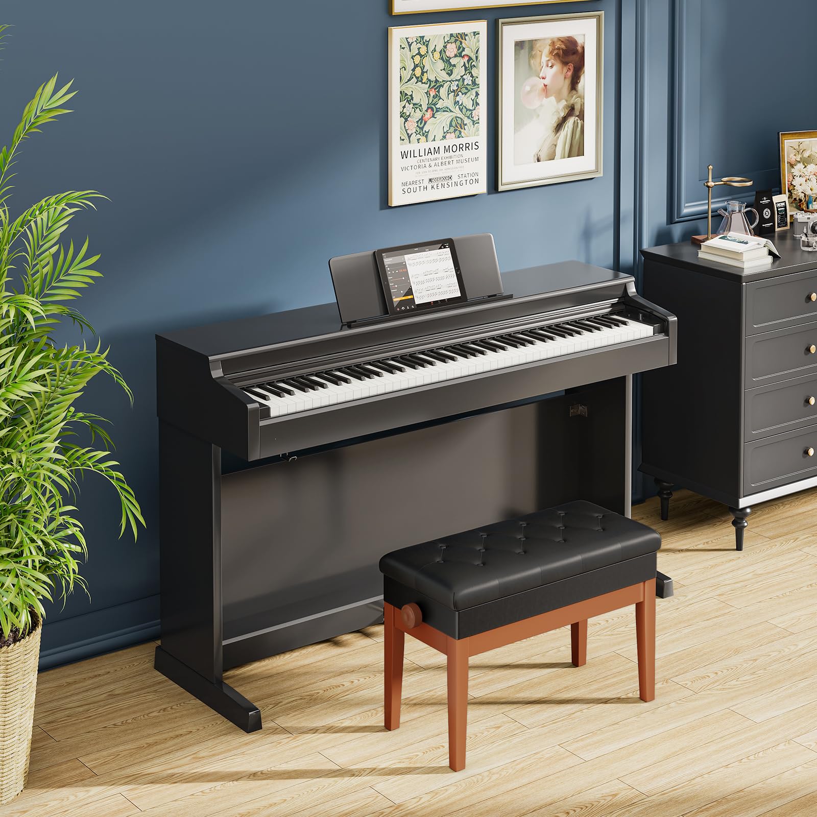 Clevich Tabouret de Piano réglable en Hauteur, Banc de Piano Double, avec Espace de Rangement, Banquette Piano avec Coussin en Cuir PU, Charge maximale : 200 kg, Couleur Bois