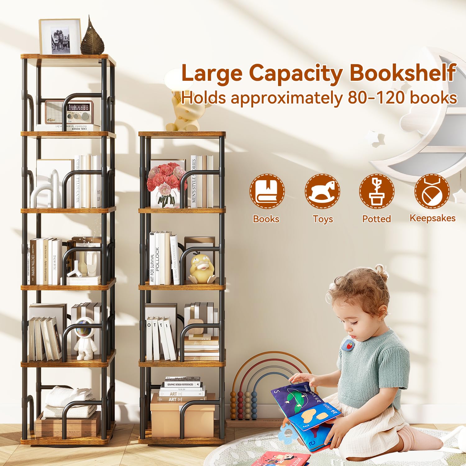 IBUYKE Bibliothèques Rotative à 5 Niveaux,Bibliothèque Enfant,Étagère Pivotante Verticale à 360°,Bibliothèque Multifonctionnelle en Bois pour Chambre, Salon, Bureau,Marron Rustique,TBC005H
