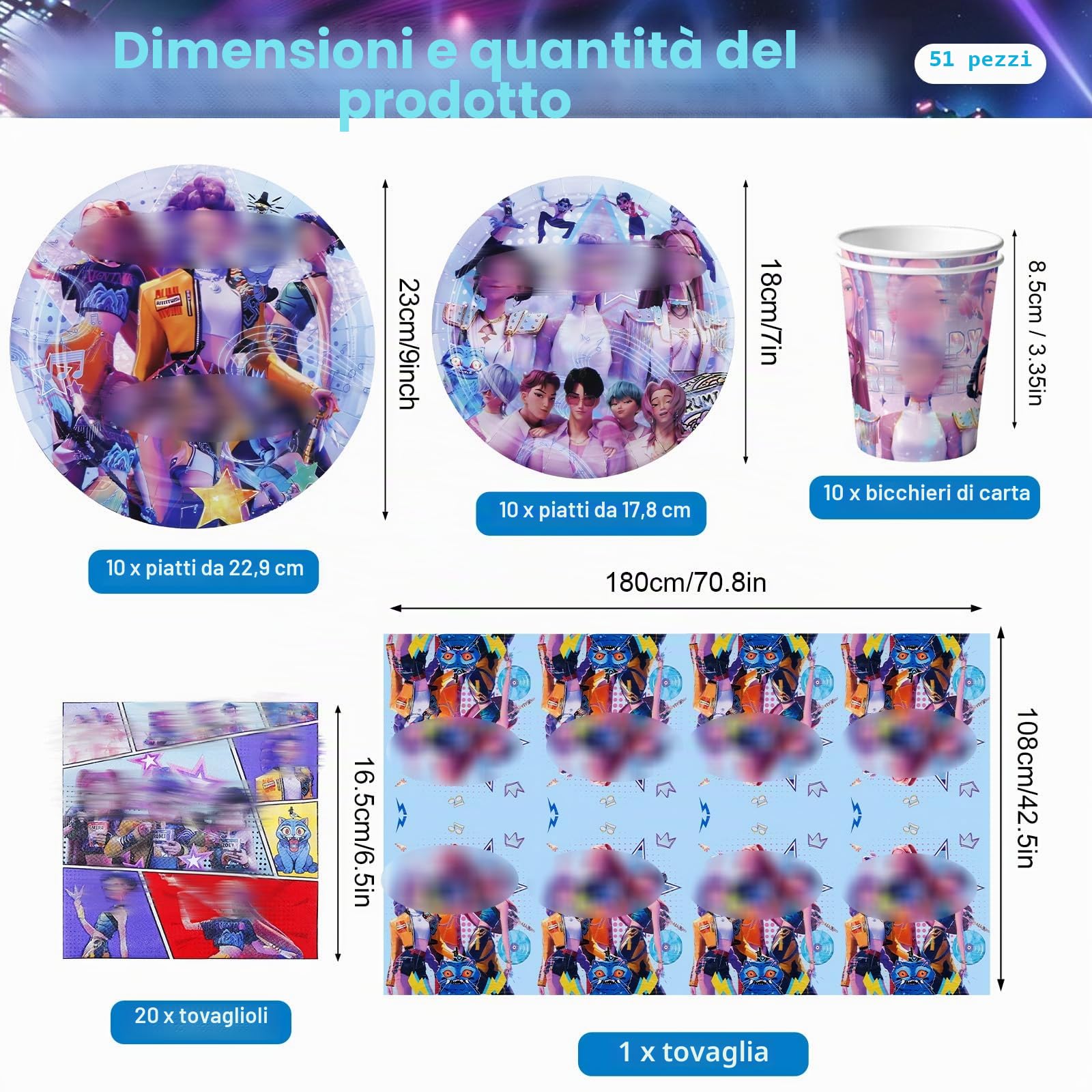 Demon, 51 stoviglie per feste di compleanno, decorazione per feste di compleanno, decorazione per feste di compleanno, set di stoviglie contiene tovaglia, piatti, tazze, tovaglioli.