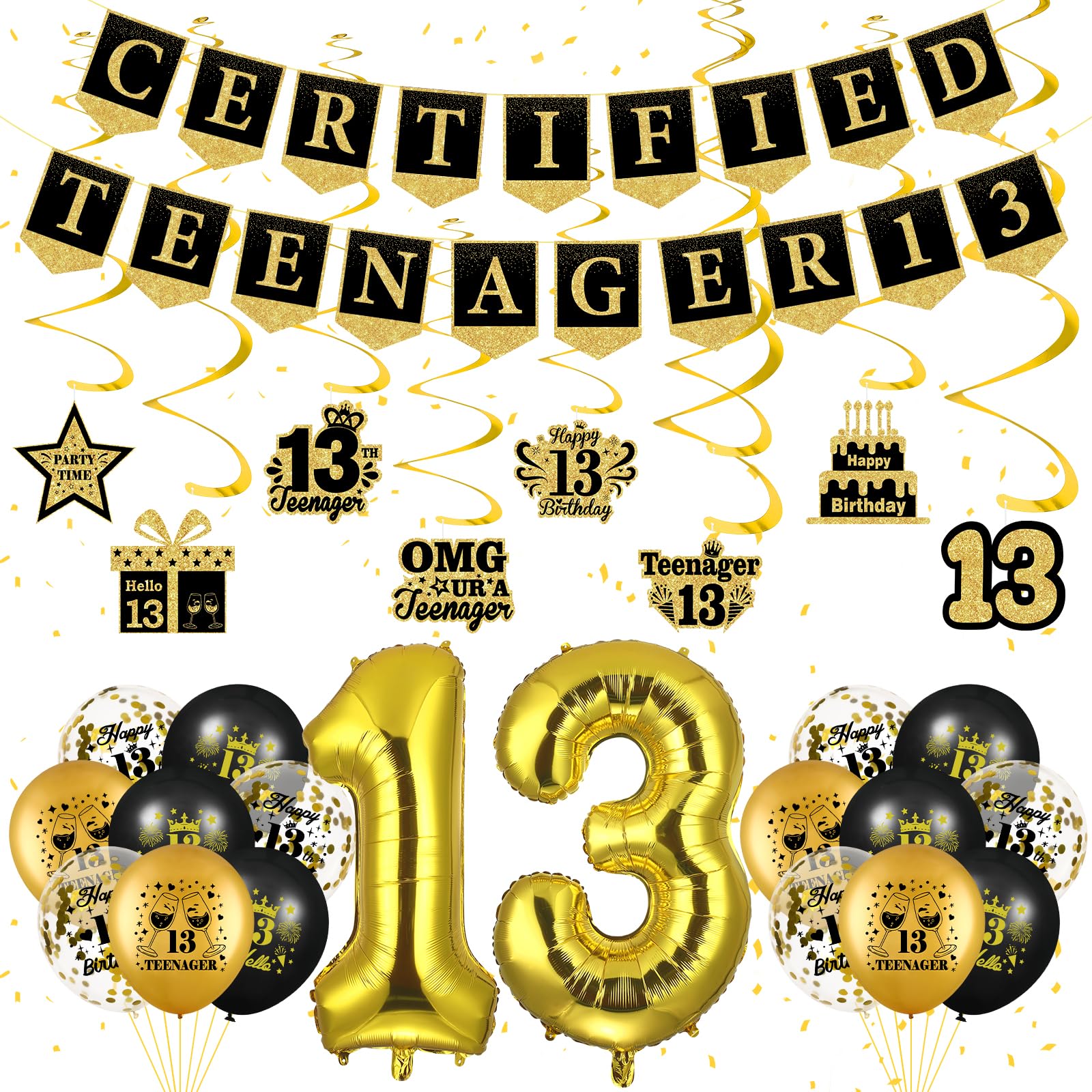 Amazon.com: Black Gold 13th Birthday Decorations, Teenager Party ...