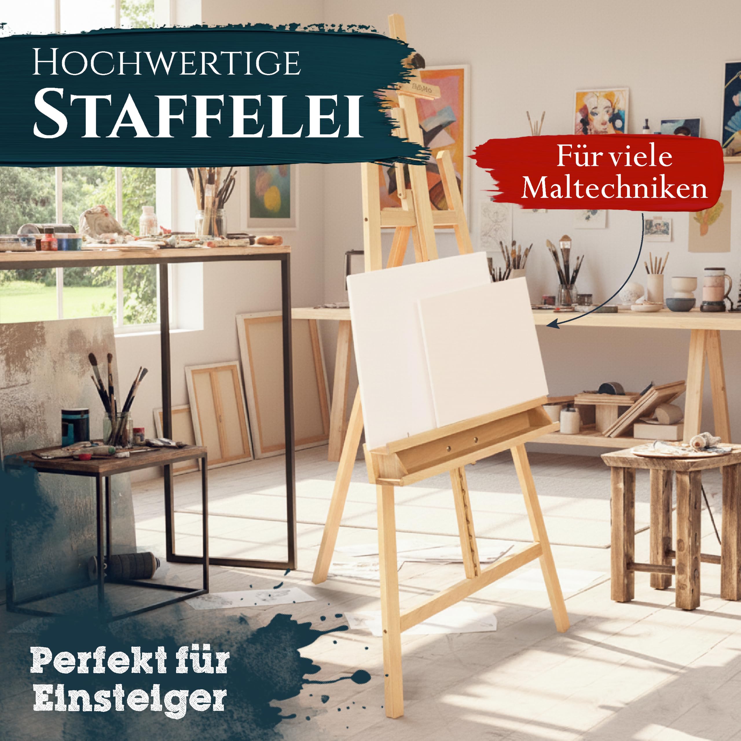 Artina Staffelei Holz Groß Barcelona – FSC® Holzstaffelei für Leinwände bis 120cm – 225cm höhe verstellbar Malstaffelei klappbar