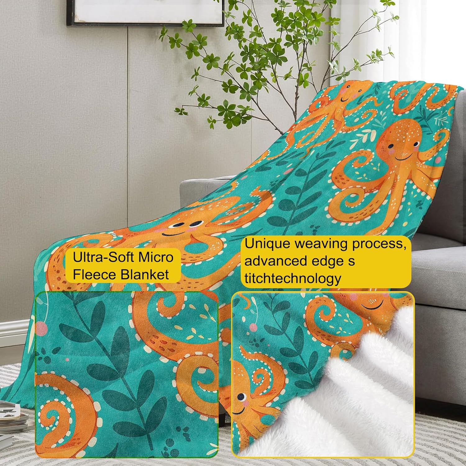 Octopus Blanket, Cute Ocean-Themed Nautical Fleece Throw with Cartoon Octopus Design, Soft Cozy Lightweight Blanket, for Marine Life Lovers, 50x60 in,Decor - Image 3