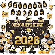 Graduation Decorations 2026 Gold Themed Set Class of 2026 Congrats Grad Banner Balloons Honeycomb & Streamers Kit Graduation Party Decorations for School and College Celebrations