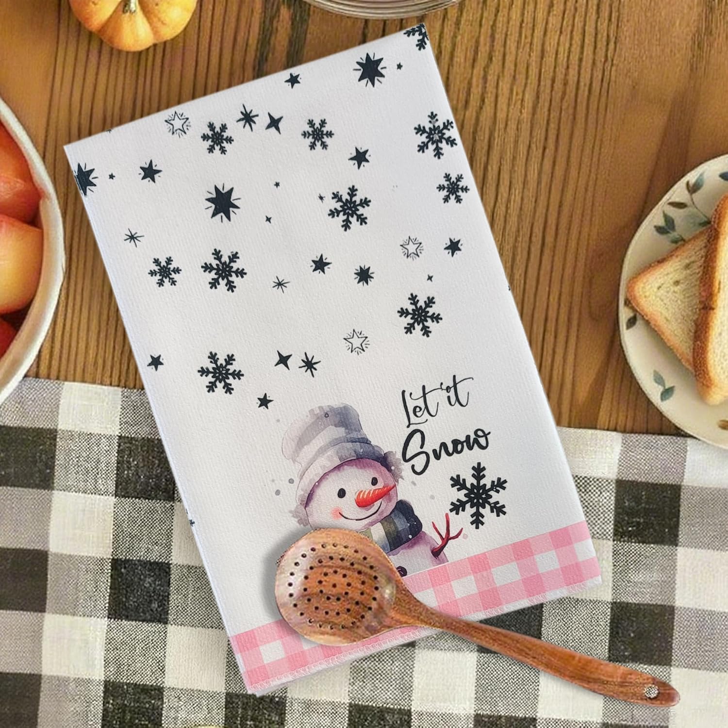 Merry Christmas Kitchen Towels Set of 2,Funny Snowman Dish Towels Holiday Home Indoor Bathroom Party Seasonal Decorations,Cute Pink Buffalo Plaid Farmhouse Decor,Winter Hand Towels - Image 5