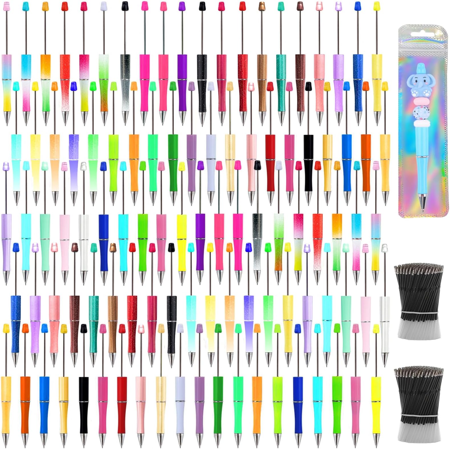 600 Pcs Beadable Pens Bulk Plastic Beadable Pens Kit 200 Beaded Pens with 200 Refills 200 Pen Packaging Bags, Cute Ballpoint Black Ink DIY Bead Pens for Students & Teachers (50 Colors)