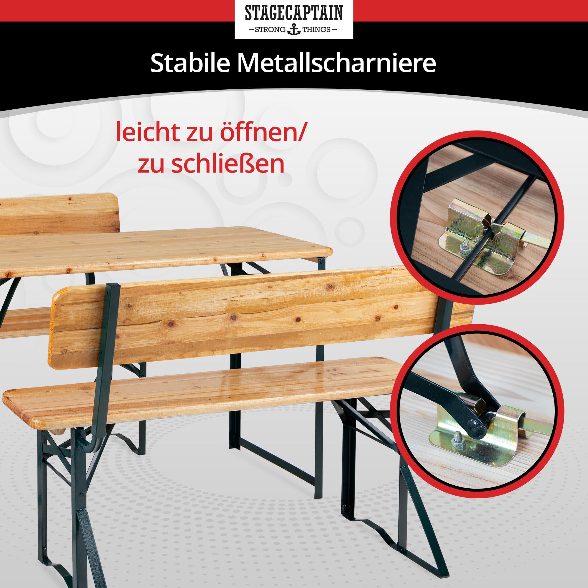 Stagecaptain BBDL-119 2X Set Hirschgarten Bierzeltgarnitur mit Lehne für Balkon - Version mit 119 cm Länge - Klappbare Festzeltgarnitur 2X Tisch, 4X Bank - Holz Sitzgarnitur - Innen & Außenbereich