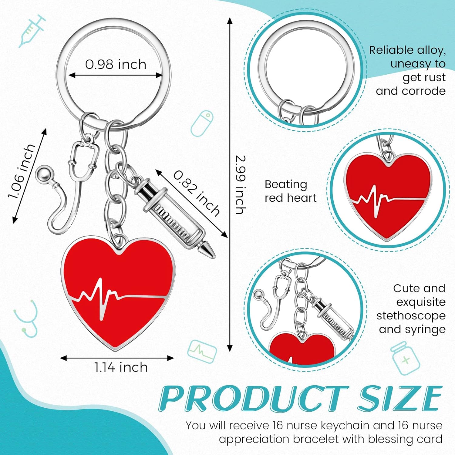 Yinkin 32 Pcs Nurse Keychain Gifts Thank You Gift with Pendant Nurse Party Favors Appreciation Nurse Keychain with Red Heart Pendant Gifts with Cards Nurses Week Nurse Day Student Graduation Gifts - Image 2