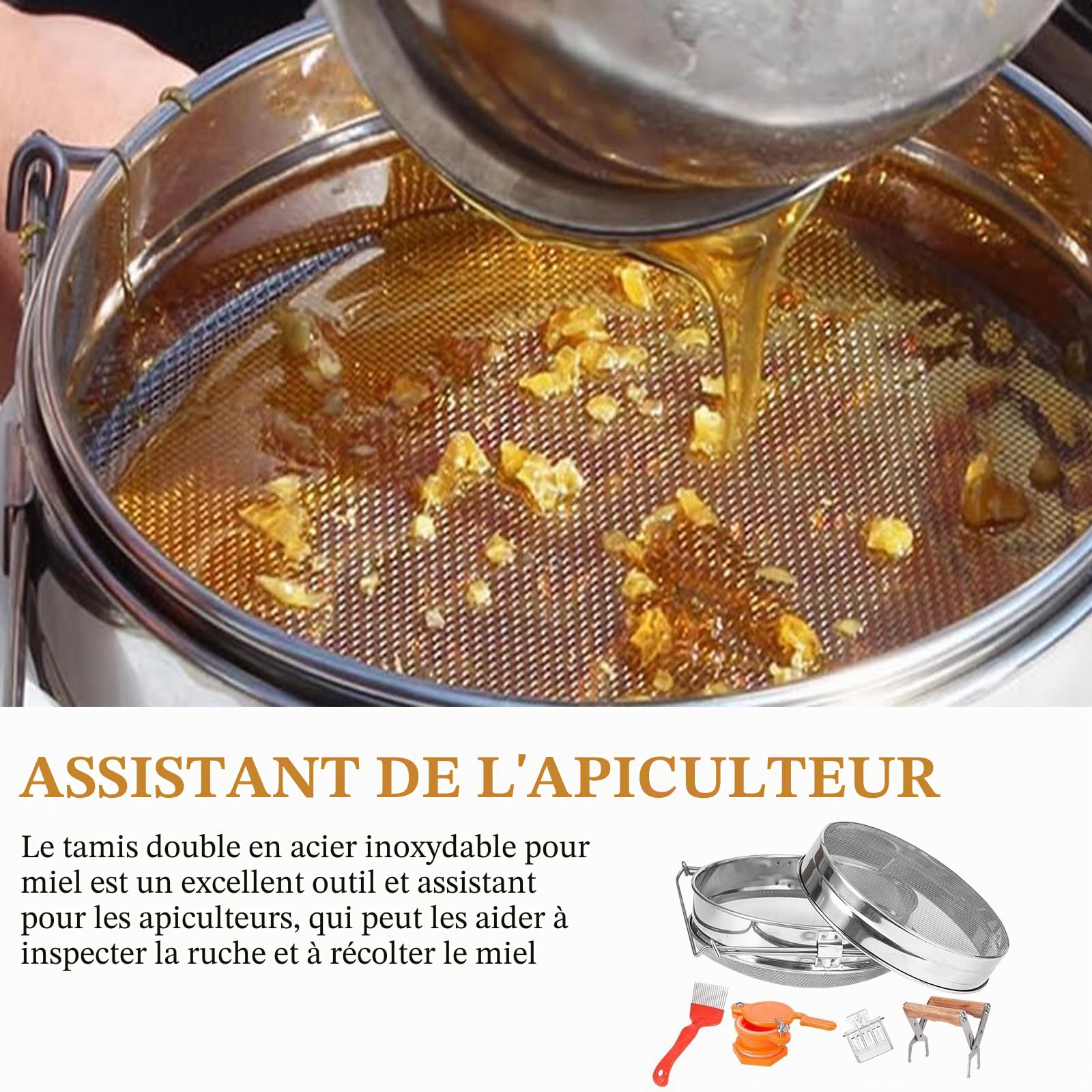 Tamis à miel en acier inoxydable, ensemble double tamis 5 pièces, accessoires pour apiculteur, équipement d'élevage d'abeilles, outil pour apiculteur, pince, fourchette pour décapsulage