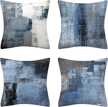Blue and Grey Throw Pillow Cover Farmhouse Decorative Throw Pillow Case Indoor Outdoor Cushion Cover Abstract Art Painting Modern Pillowcase for Couch Living Room Bedroom 18 x 18 Inch Set of 4