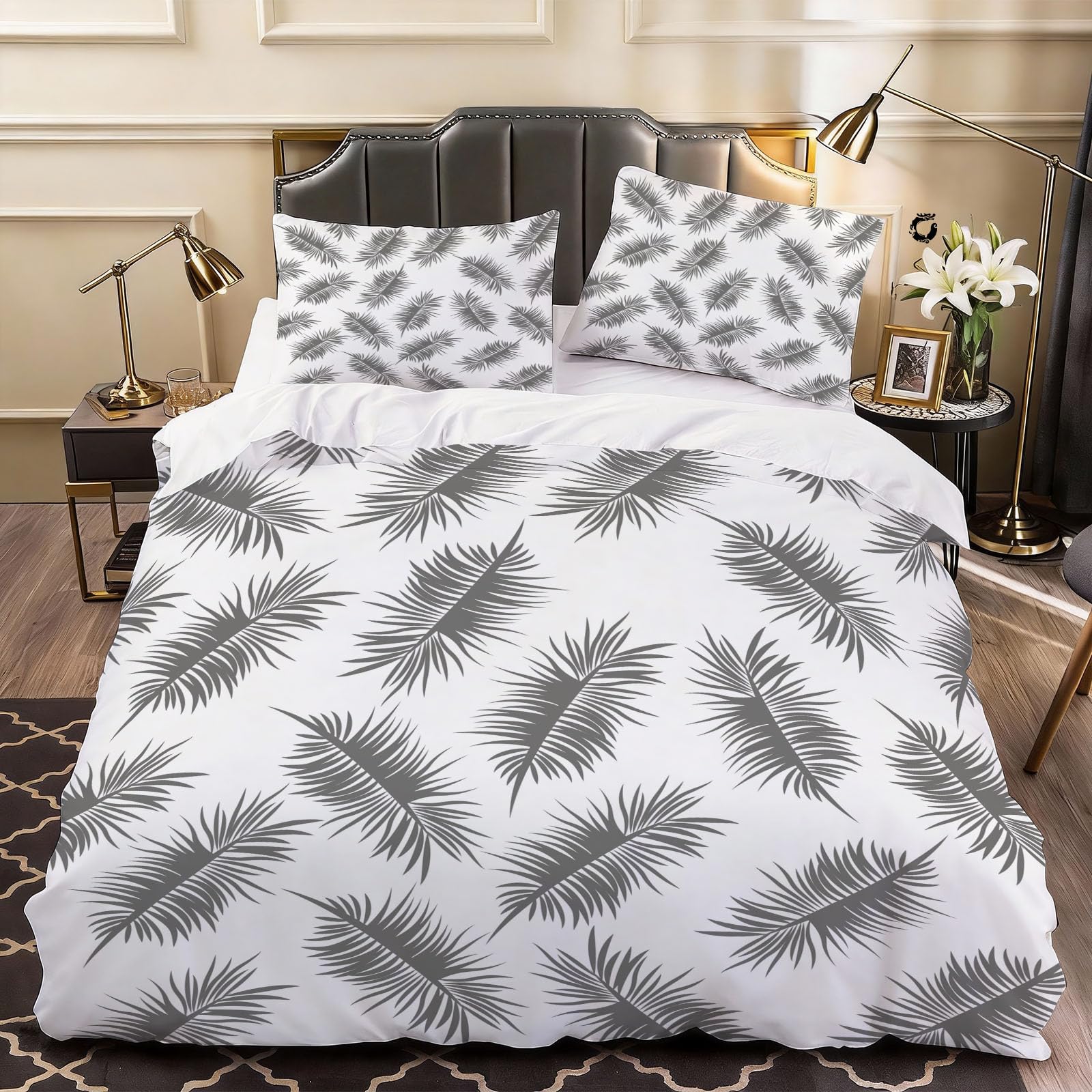 3D Leaves Duvet Cover Minimalistic Bedding Double Bed Set, Soft Microfiber Comforter Cover Printed with Zipper Closure Quilt Coverr 200x200 cm and 2 Pillowcases