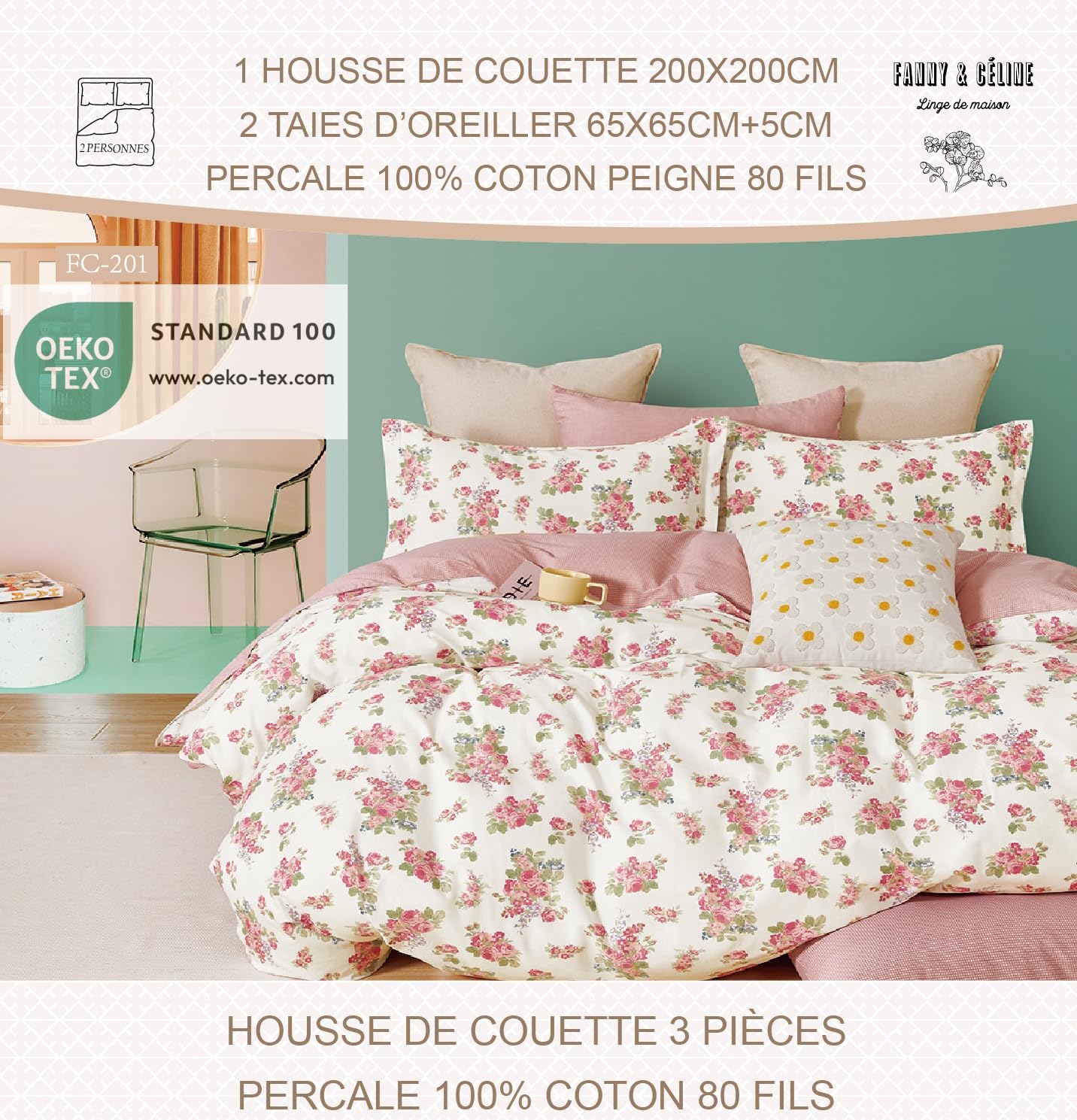 Parure De Lit 3 Pièces Fanny & Céline 100% Coton 80 Fils - Housse Couette 200x200cm + 2 Taies 65x65cm
