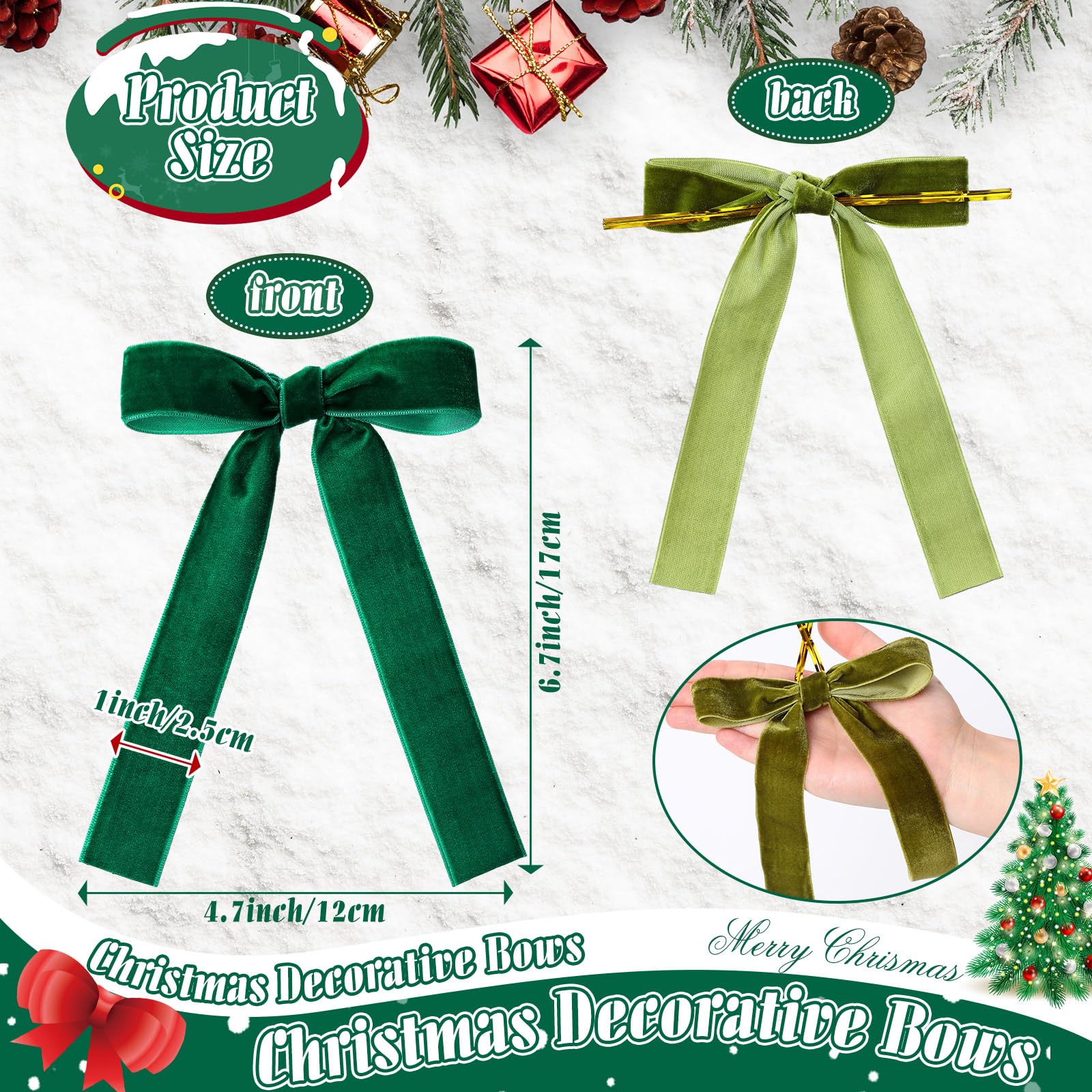 Juego de 36 lazos de terciopelo de Navidad, lazos de Navidad, para manualidades, manualidades, regalos, para guirnaldas, decoración del hogar, boda, decoración interior al aire libre (verde