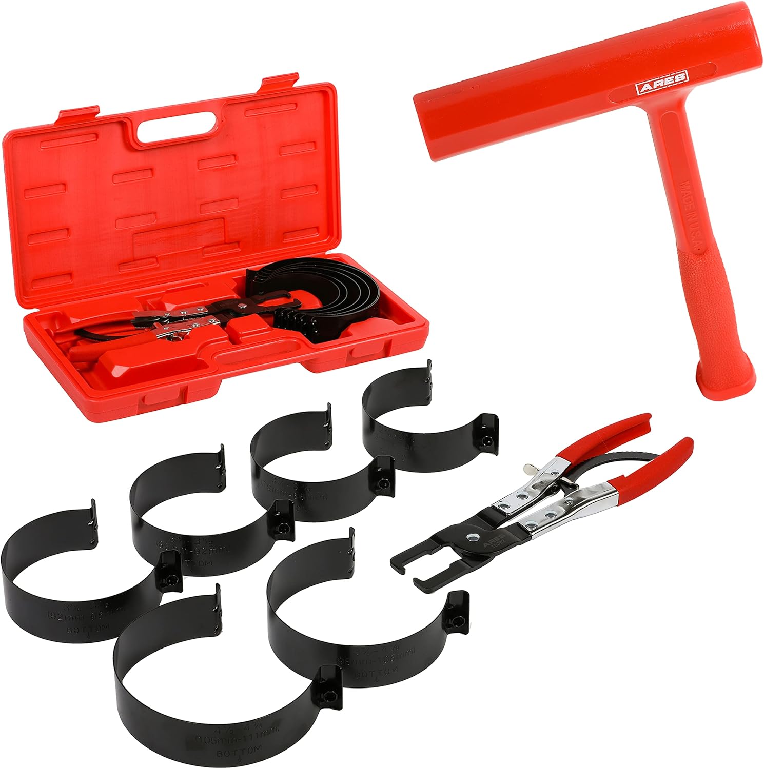 ARES Master Piston Ring Compressor Kit and 32oz Slim Line Deadblow Hammer – Heavy Duty Stamped Steel Construction for Strong and Secure Band Compression – Heavy Head Delivers Powerful Striking Force
