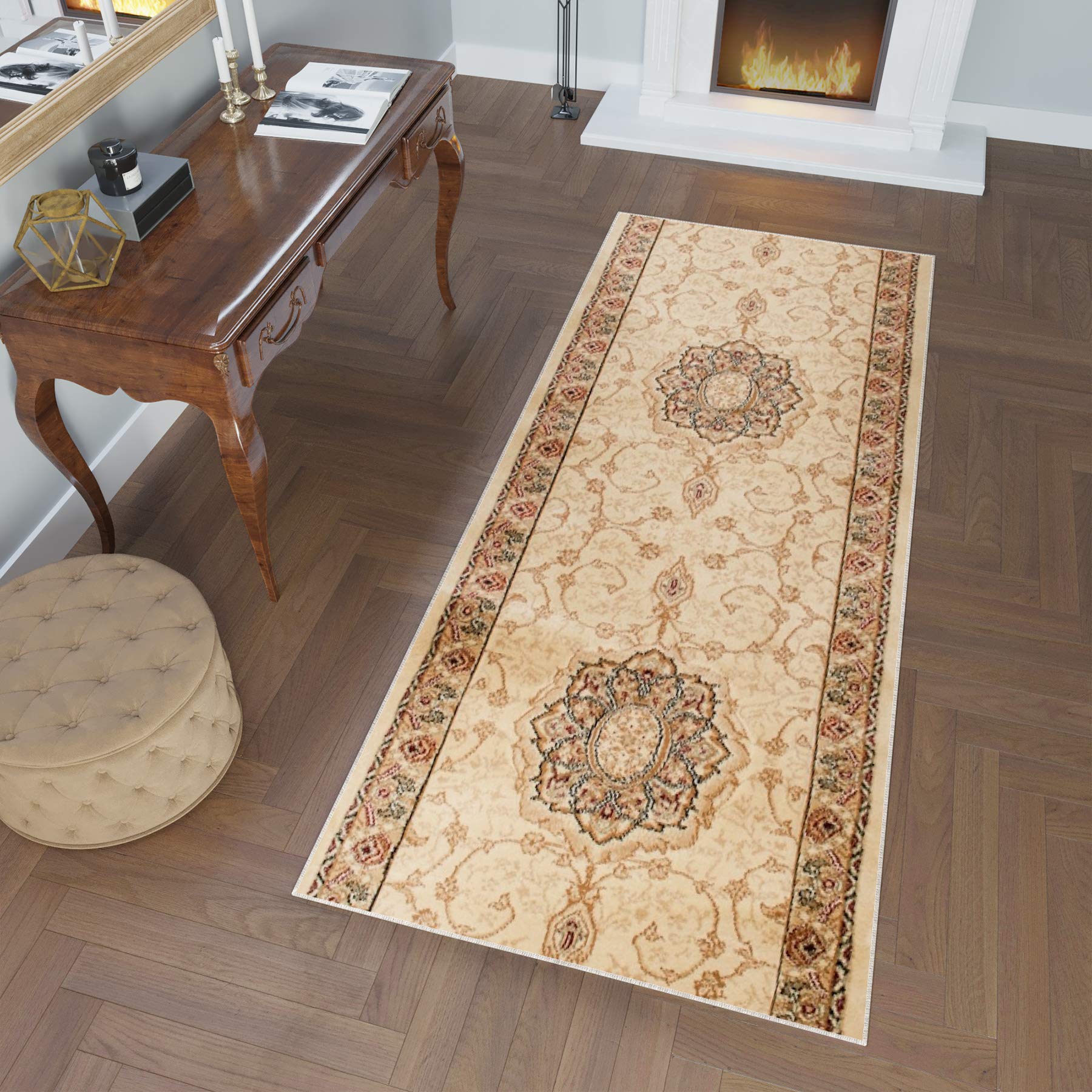 Tapiso Yesemek dywan bieżnik na korytarz, krótkie runo, klasyczny kwiatowy medalion, ornament, kremowy, beżowy, korytarz, pokój dzienny, Ökotex 80 x 180 cm