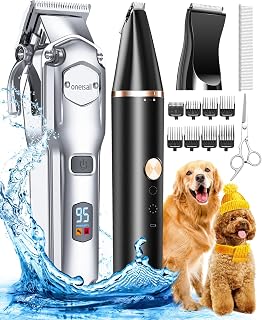 oneisall Dog Grooming Kit for Thick Heavy Coats - Low Noise Cordless Waterproof Clippers & Paw Trimmer, Stainless Steel Blades