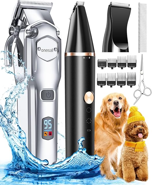 Oneisall Kit de grooming pour chien pour cheveux épais avec lame en acier inoxydable & Lame, IPX7 Imperméable, faible bruit, sans fil & Longue durée de vie de la batterie, Paw Trimmer+6 Guide Combs 3-18mm