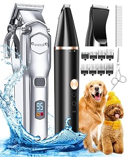 oneisall Dog Grooming Kit for Heavy Thick Hair&Coats/Low Noise Rechargeable Cordless Waterproof Dog Clippers for Grooming Animals&Pets/Pet Shaver with Stainless Steel Blade and Paw Trimmer - Amazon product rated Grade A