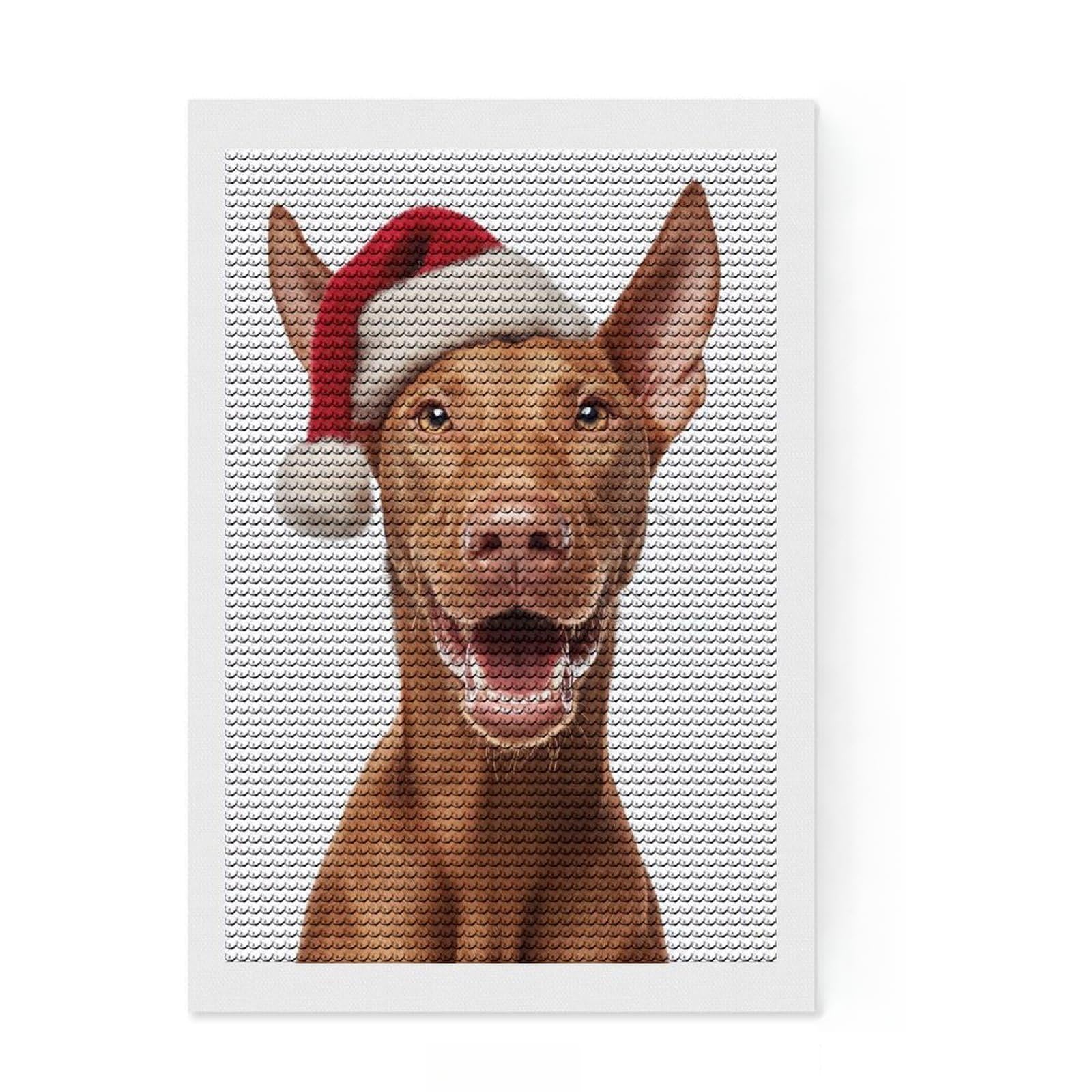 Junmoney Pharaoh Hound Dog with Santa Hat Portrait Round Drill Diamond Painting 8"x12", Holiday Gift Idea, Bedroom Decor, Aesthetic Room Decor, Artistic Hobby