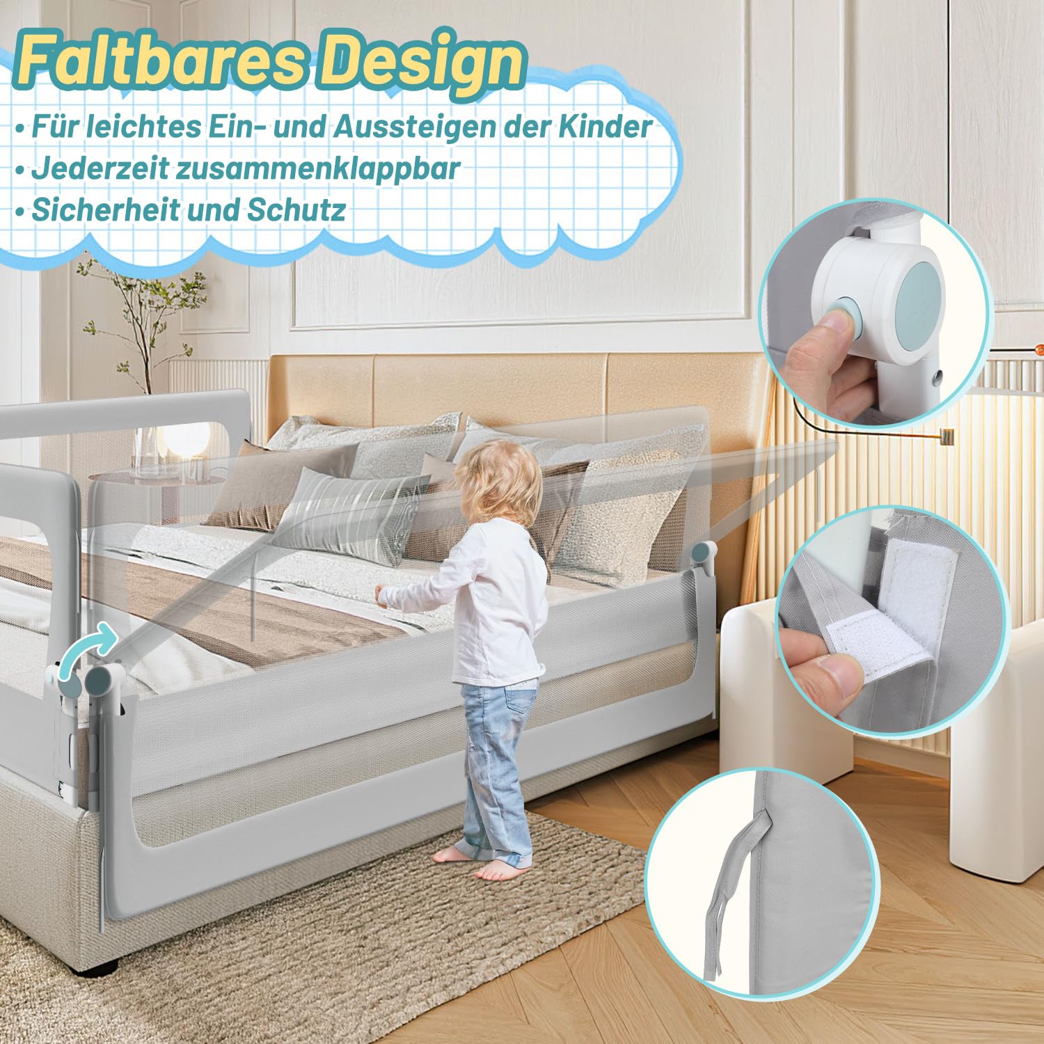 Bettschutzgitter 200×68 cm Rausfallschutz Bett – extra breites halb klappbares Bettgitter für Baby & Kleinkind, höhenverstellbar 72–86 cm, Stabiler Trapezfuß, 300G Oxford-Stoff, Grau