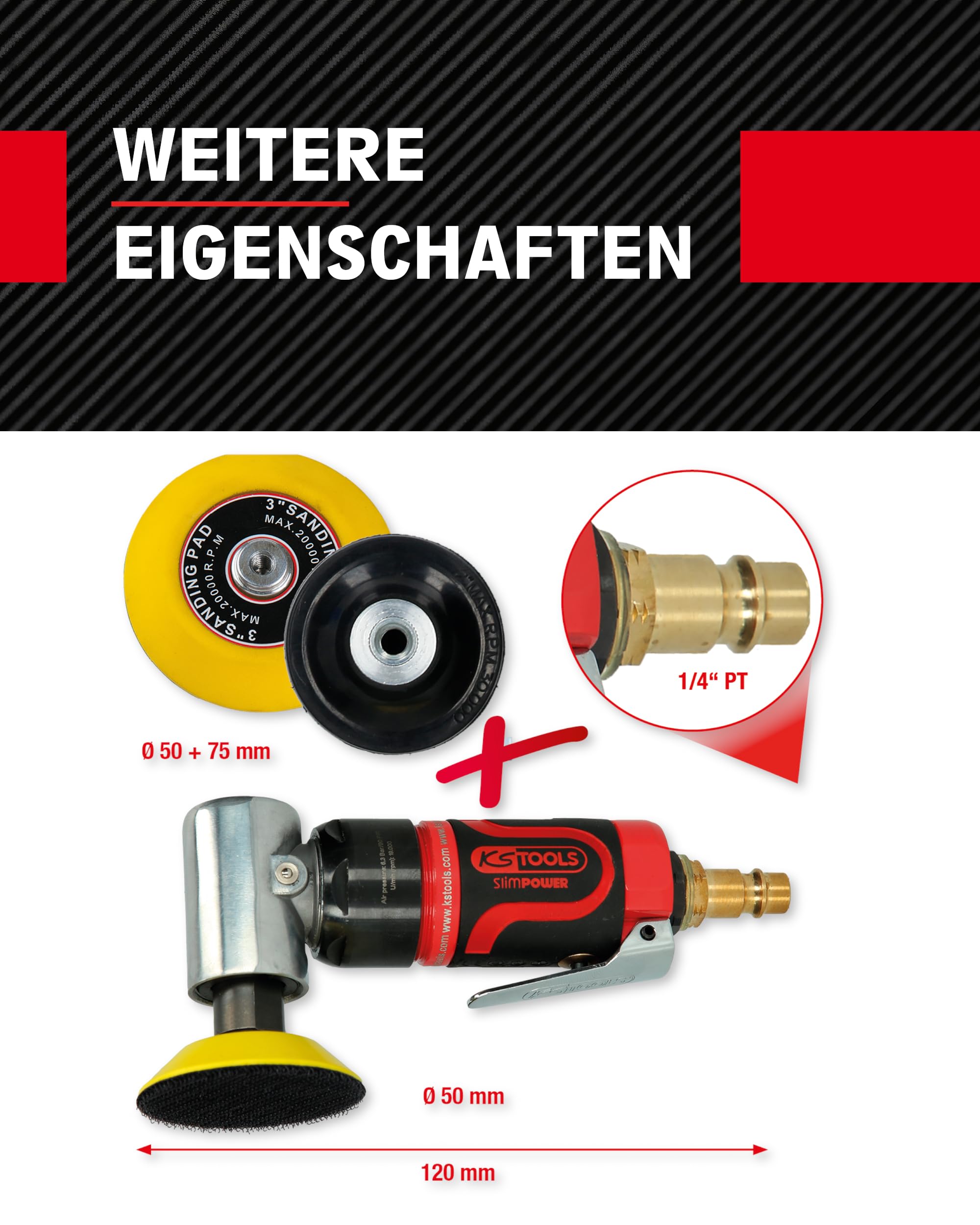 KS Tools - 515.5585 - Mini ponceuse pneumatique Slimpower - Livré avec 3 disques de ponçage Ø45, 50 et 75 mm