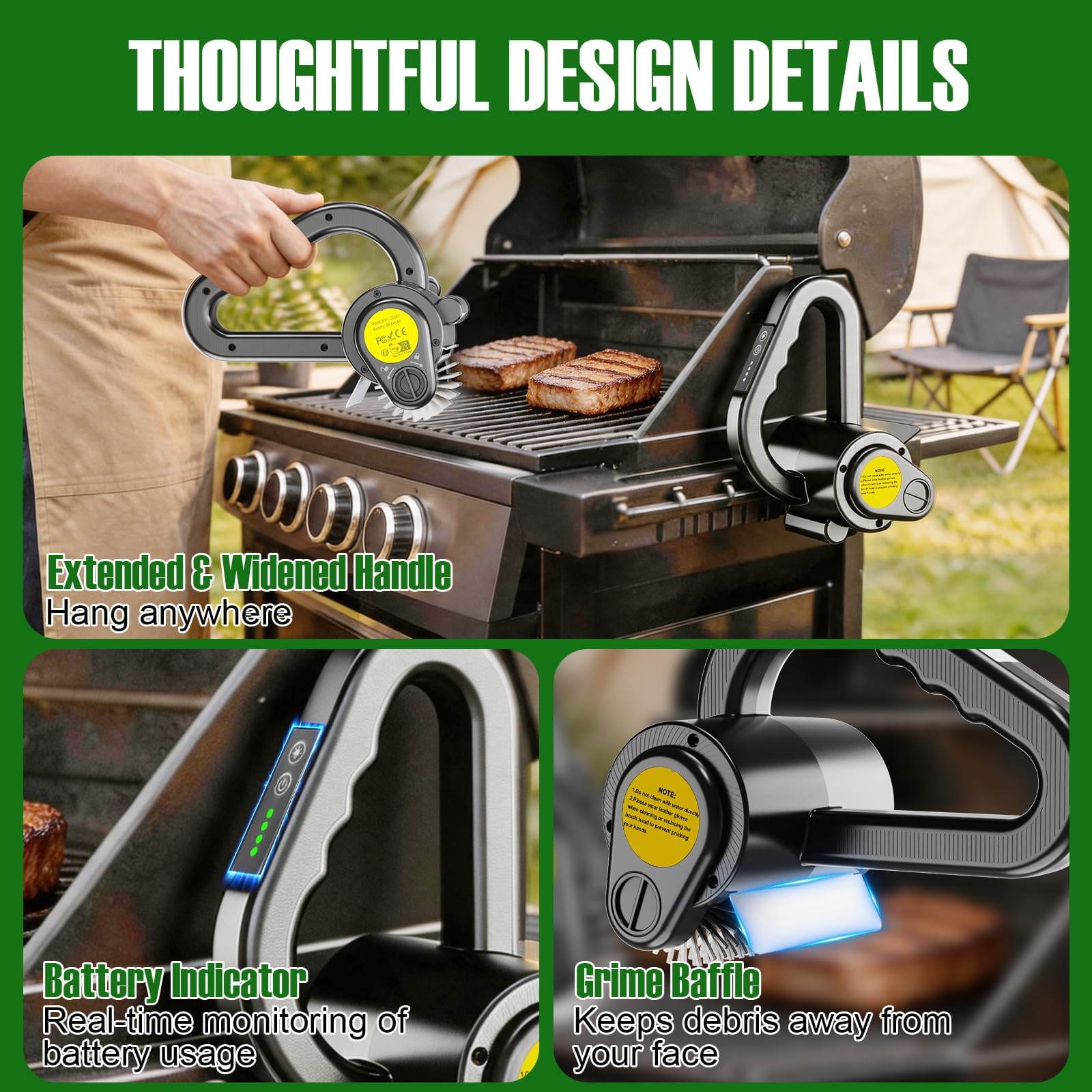Spazzola elettrica per barbecue, motore ad alta potenza, testa rimovibile in acciaio inox, pulitore per barbecue con luce LED, facile da usare per barbecue e cucina