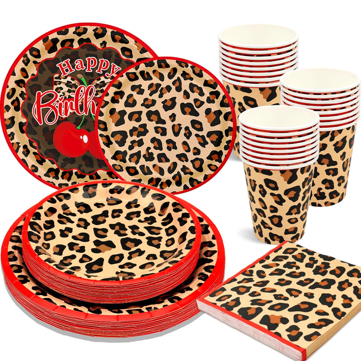 Cheetah Print Birthday Decorations, Serves 25 Guests, Cheetah and Cherry Birthday Decorations Includes Plates, Napkins, Cups for Girls Women Leopard Party