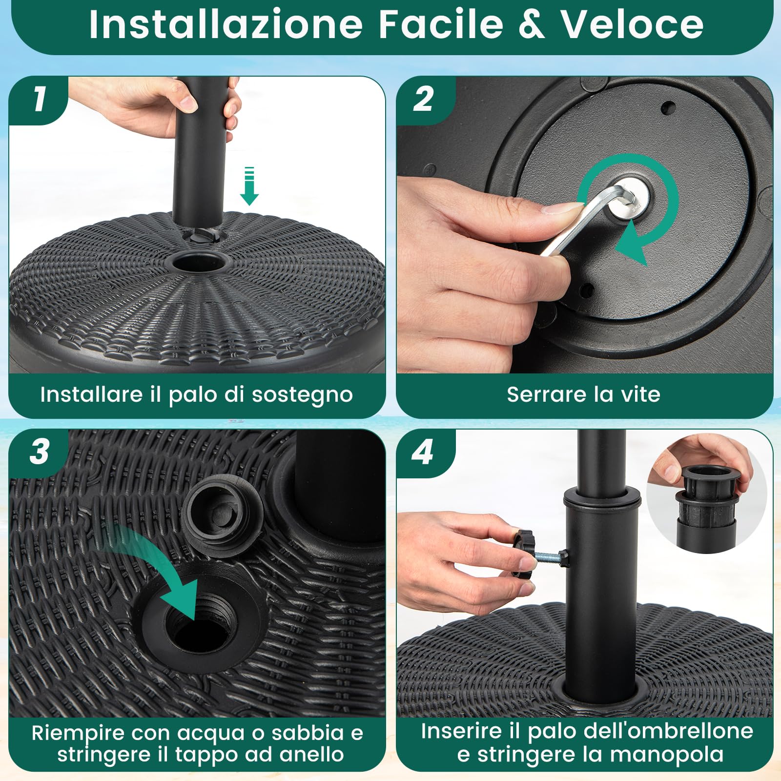 Base Per Ombrellone Outsunny In HDPE, 4 Pezzi Riempibili Con Acqua O Sabbia, Connettori Inclusi, 104x104 Cm, Nera