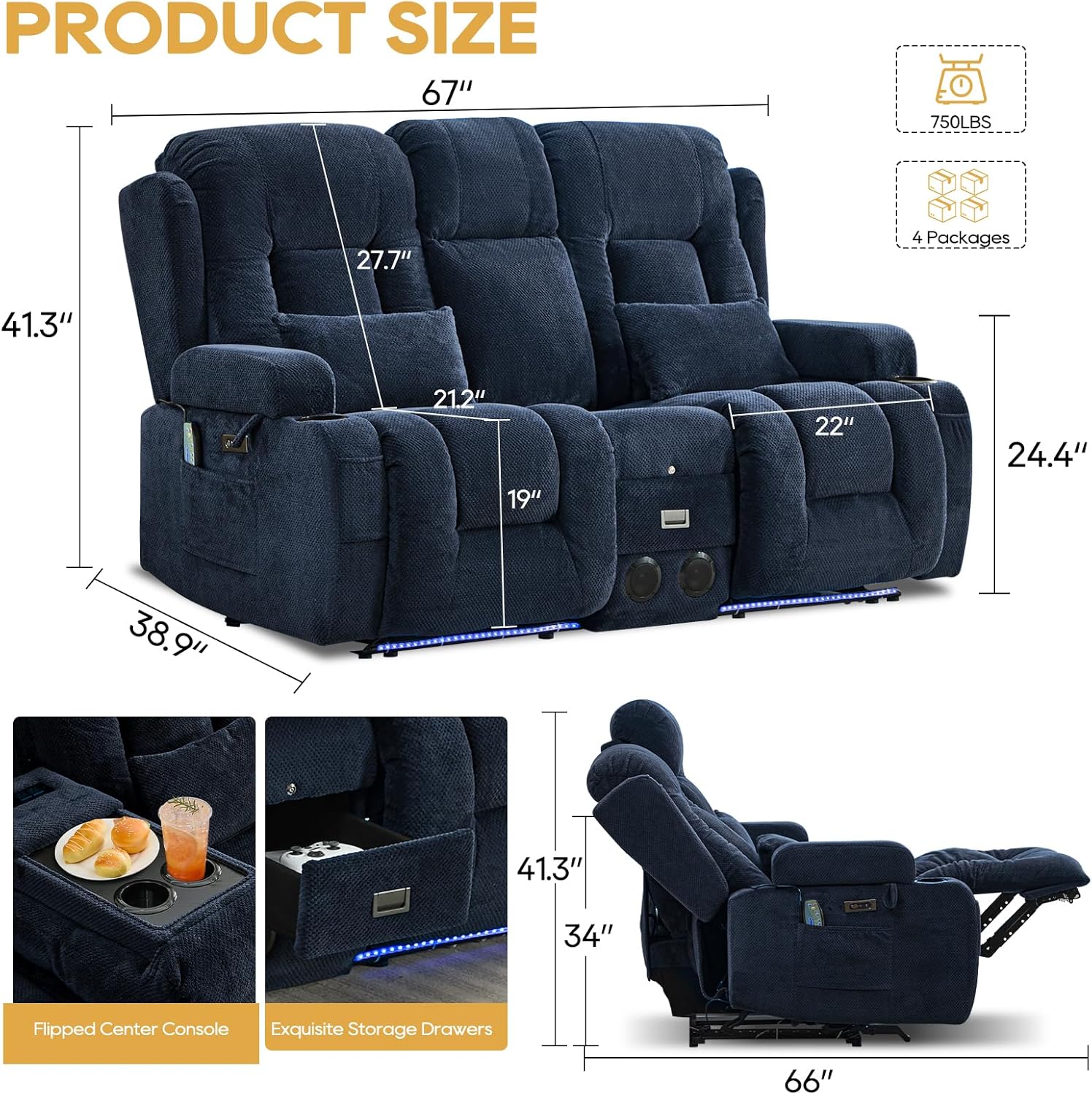 IPKIG Power Recliner Sofa with Flip-Up Backrest Console, USB & USB-C Ports, AC Outlet, LED Lights, Wall Hugger Recliners for Living Room, RV (Navy Blue, 67" - 3 Seat) | Velvet Fabric, Zero Gravity, Dual Reclining, 2 Lumabr Pillow, Bluetooth Speakers