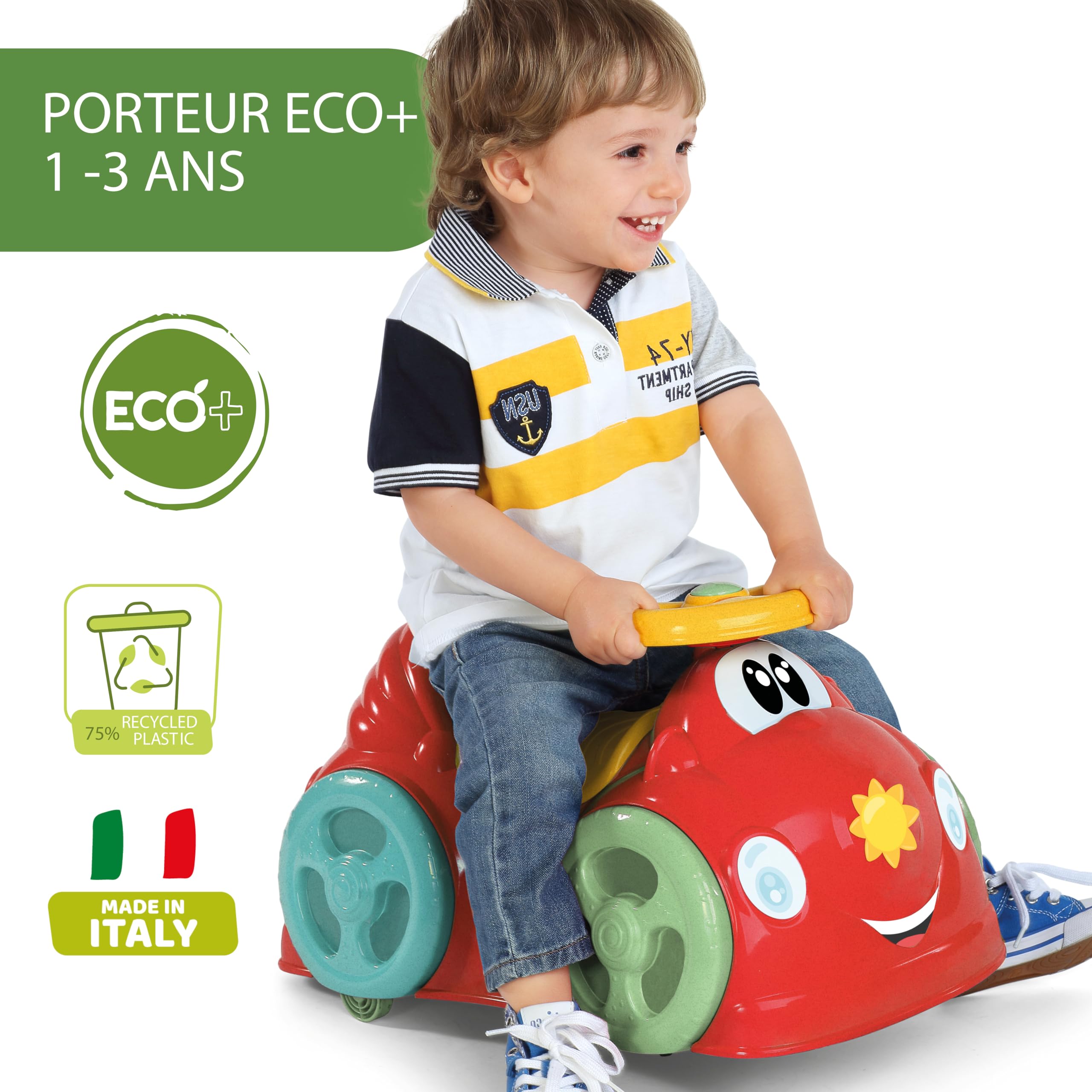 Chicco All Around Eco+ Czerwony, Samochód do Jeżdżenia dla Dzieci od 1 do 3 lat, 75% Plastiku Pochodzącego z Recyklingu, maks 20 kg