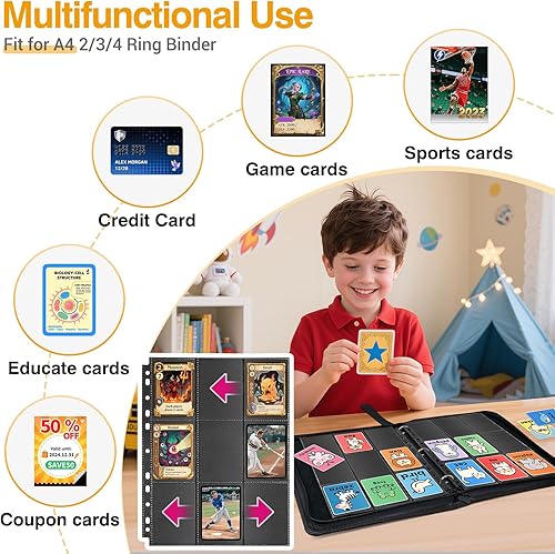 Miniatura 5 de Paquete de 20 fundas negras de 360 bolsillos para tarjetas coleccionables, fundas gruesas de doble cara para tarjetas de juego para carpeta de 3