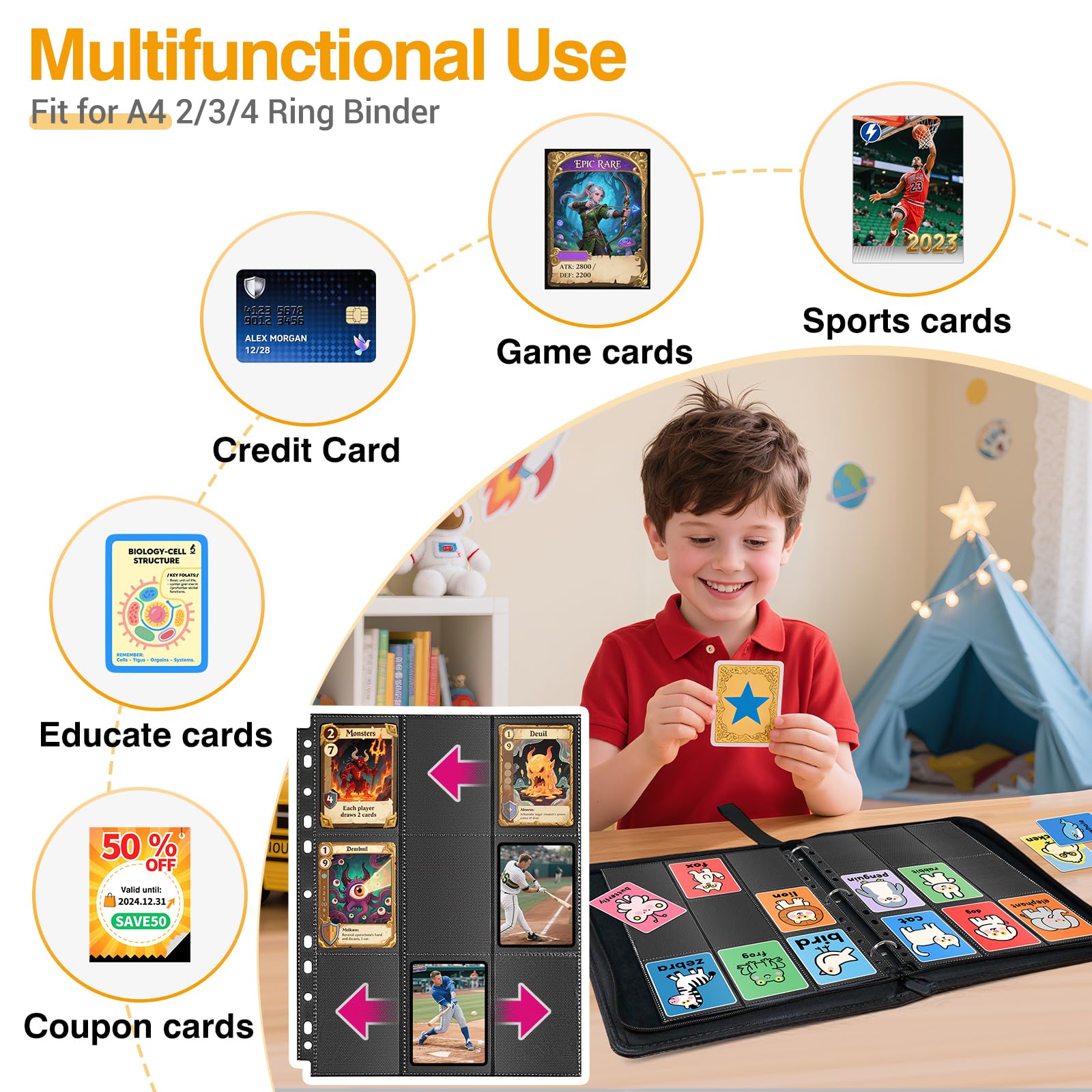 Paquete de 60 fundas para cartas coleccionables de 1080 bolsillos, color negro, fundas para cartas de juego de doble cara gruesas para carpetas de 3 anillas, protector de página de carga latera