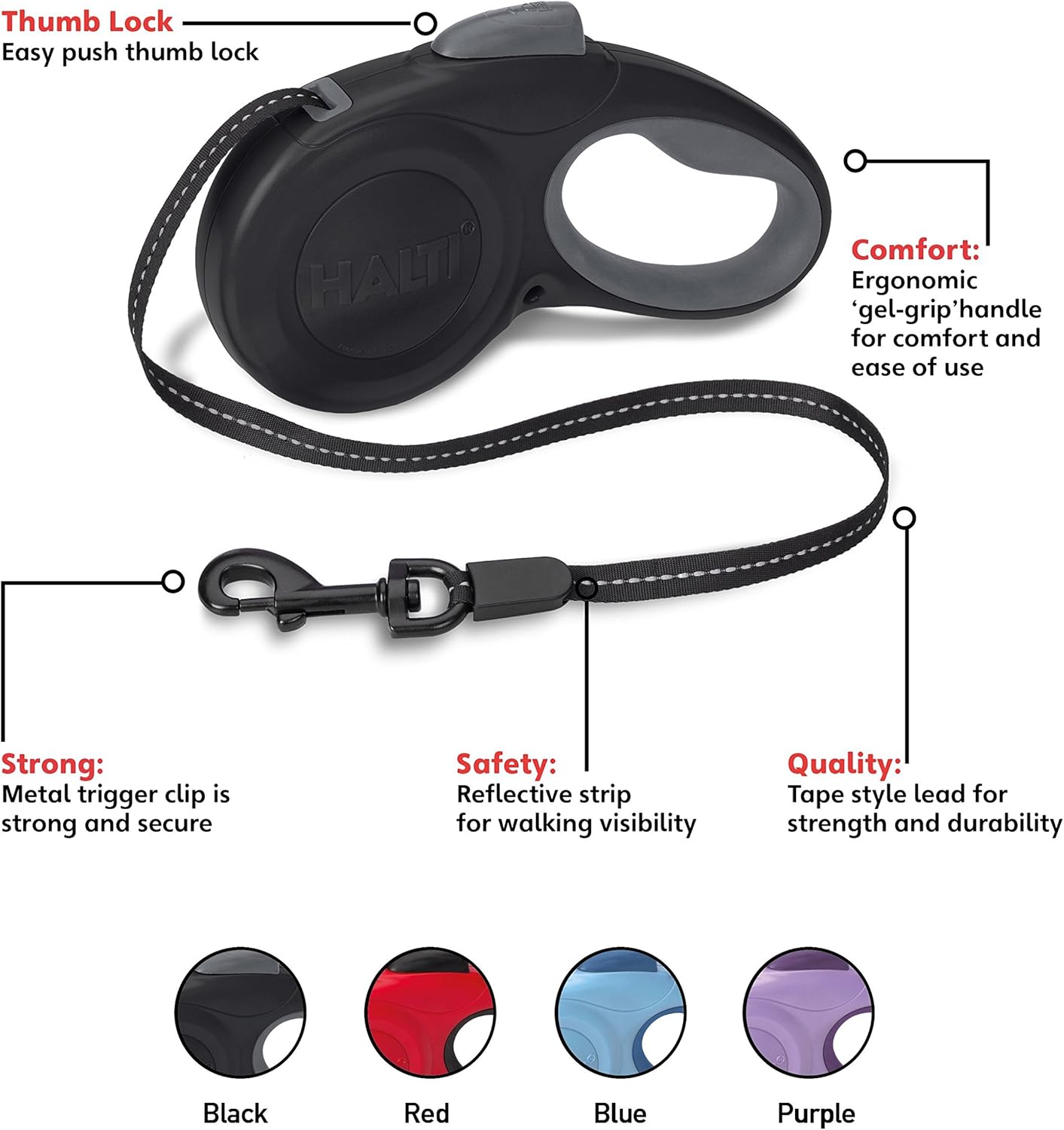 HALTI Retractable Leash for Dogs - Strong & Reflective Extendable Leash, Soft Gel Grip Handle, Easy to Use Brake & Lock. Suitable for Large (Size Large, Black, 3m)