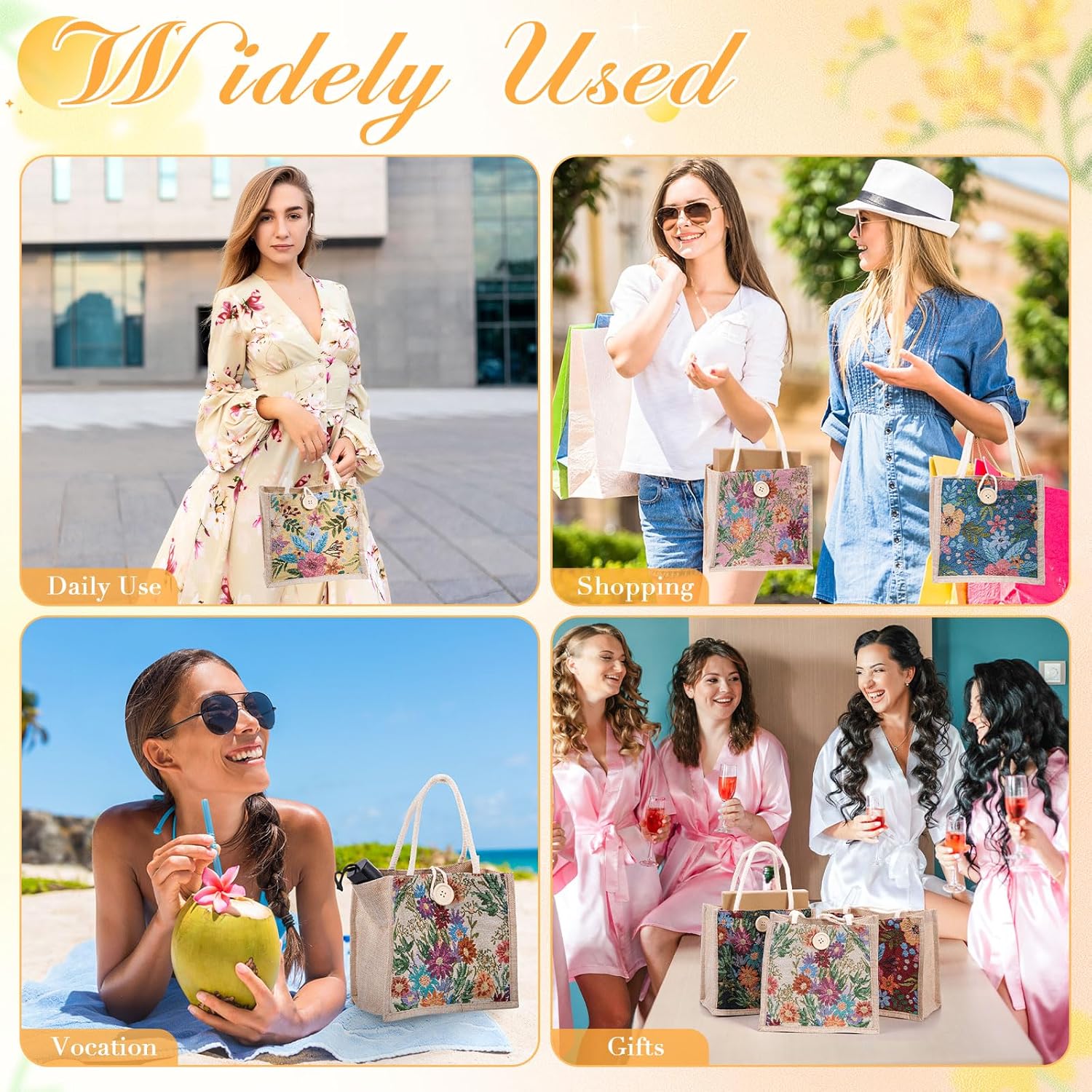 Abbylike 6 Pcs Women Tote Bag Mini Jute Reusable Floral Burlap Canvas Embroidered Grocery Bag for Christmas Birthday Gift (Flowers) - Image 6