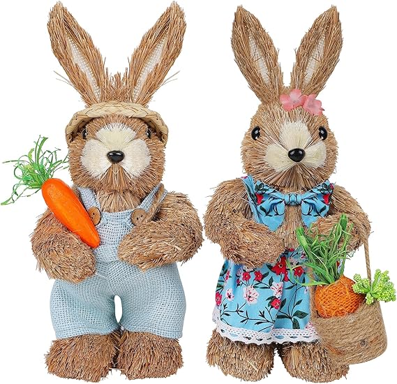 Juegoal Set of 2 Easter Standing Bunny Couple, 12" Handmade Straw Bunny with Carrot Figurine, Easter Rabbits Tabletop Statues, Cute Photo Props Gifts for Office Kitchen Farmhouse Spring Home Deco...