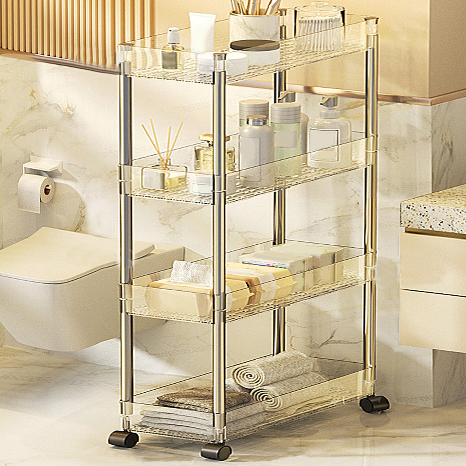 Carrello Portaoggetti Trasparente Con Rotelle, Carrello Multiuso Mobile Per L'organizzazione Del Bagno Con Ripiano Da Cucina A 2-4 Livelli,13.8" Lx9.1 Wx33.8 H,Clear