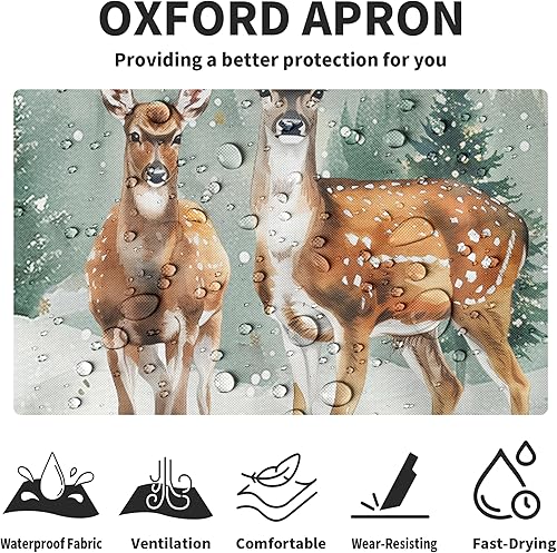 Miniatura 5 de Delantal de cocina de reno, delantal de invierno con correa ajustable, bosque nevado, pinos, copos de nieve, delantales de cocina con dos bolsillos