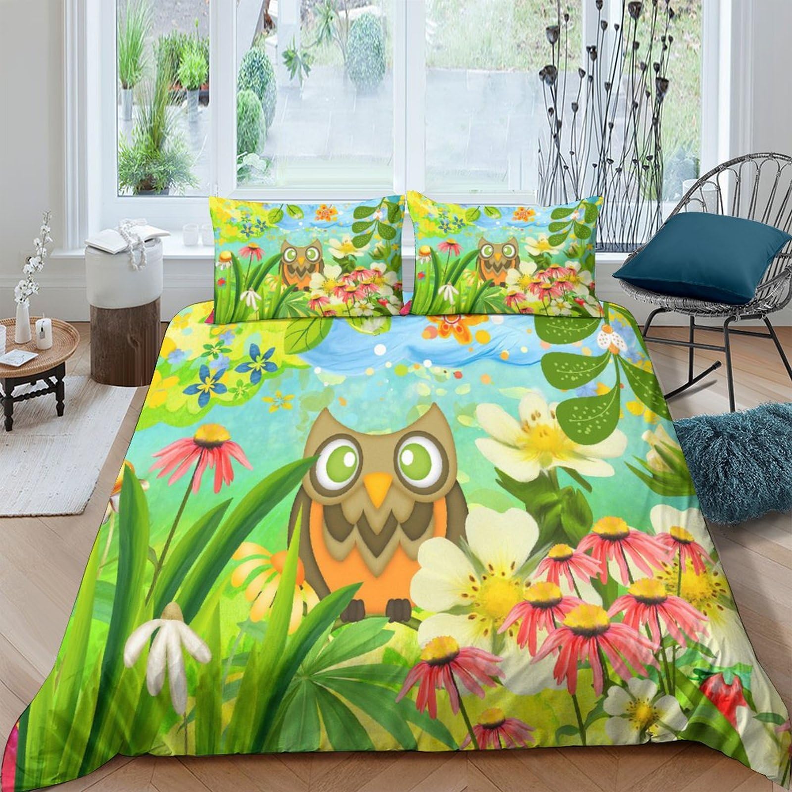 Housse de couette hibou pour lit double pour une décoration de chambre d'enfant animée
