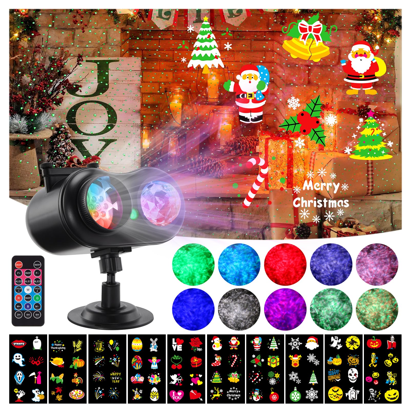 HAKUTA Projecteur laser 3 en 1 pour Halloween, Noël, effet océan, avec 10 diapositives/80 motifs HD pour Noël, Nouvel An, anniversaire, Halloween, décoration de Thanksgiving