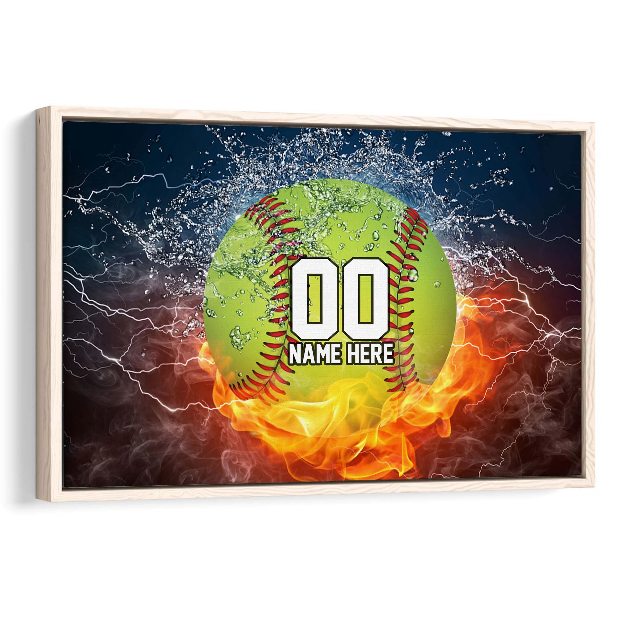 Custom Softball Fire Ball & Water Sport Gift For Girl, Daughter Personalized Name Number Poster & Framed Canvas, Wall Art Home Office Decoration