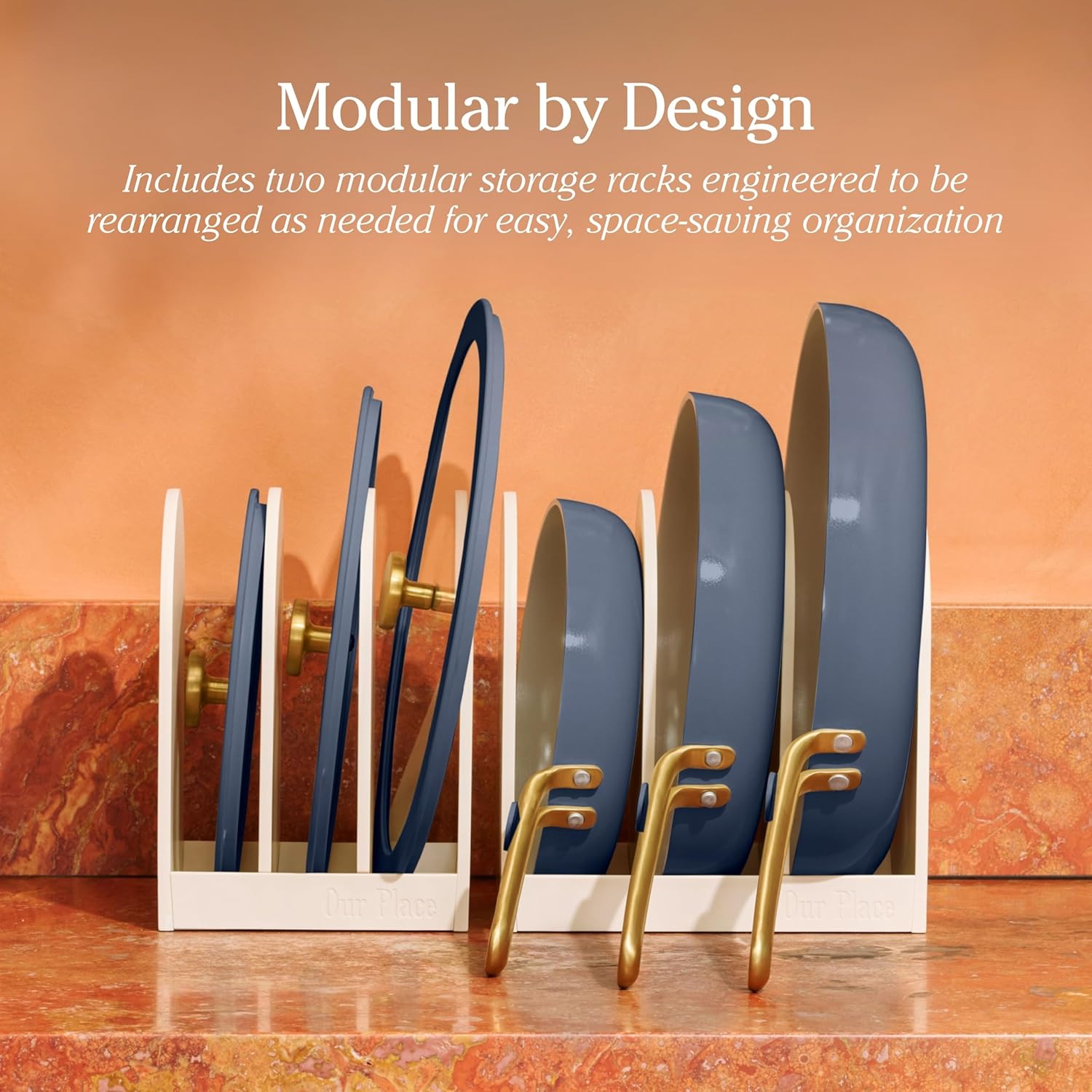 Our Place 8-Piece Essentials Complete Cookware Set - Ceramic Fry Pan Trio & Modular Rack Storage | Nontoxic Thermakind™ Nonstick, Oven Safe up to 450°F & Compatible with All Cooktops | Blue Salt - Image 6