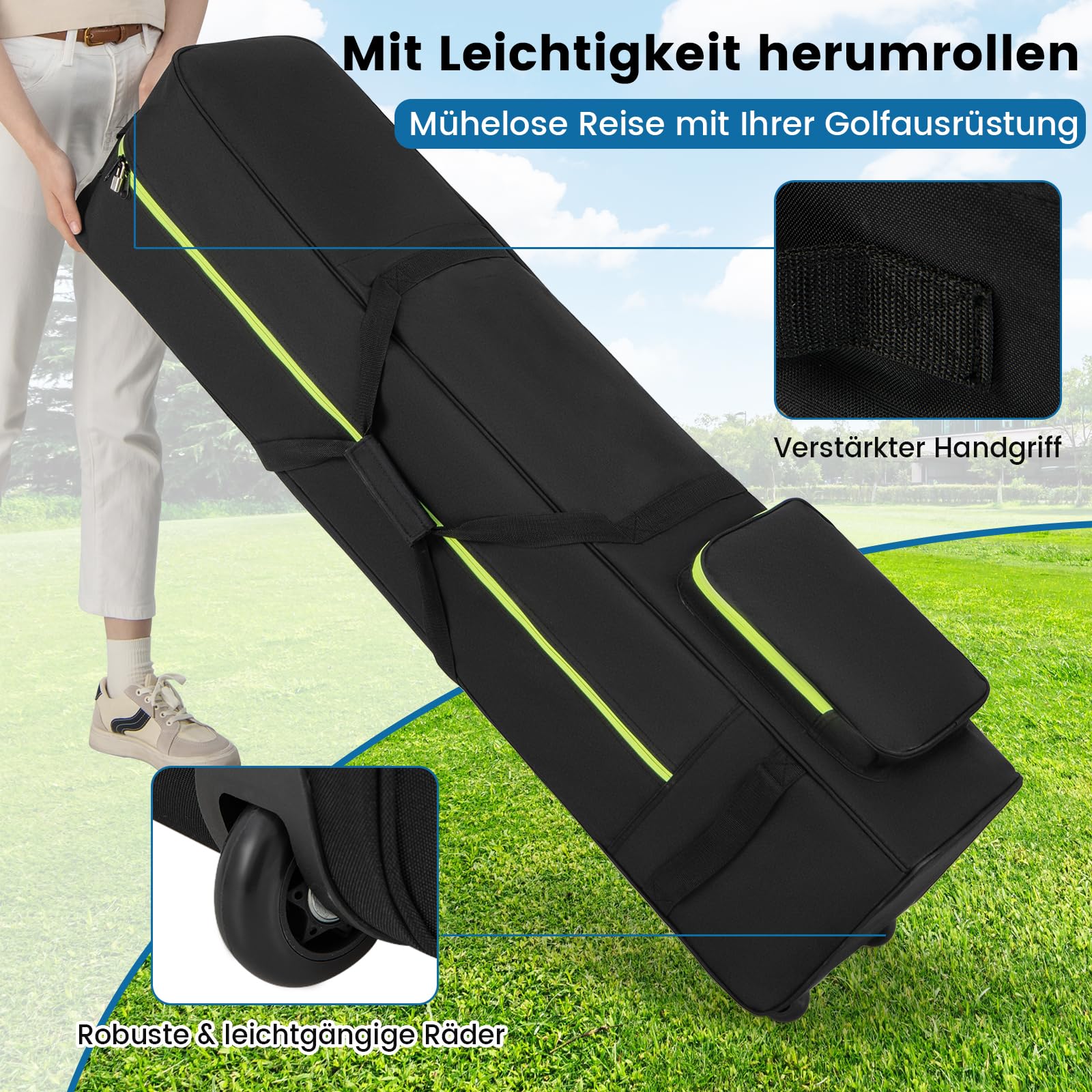 GYMAX Golf Reisetasche mit verstärkte Räder, tragbare Golftasche mit Aufbewahrungstasche & Griffe, Golfschlägertasche mit Reißverschluss für Fluggesellschaften