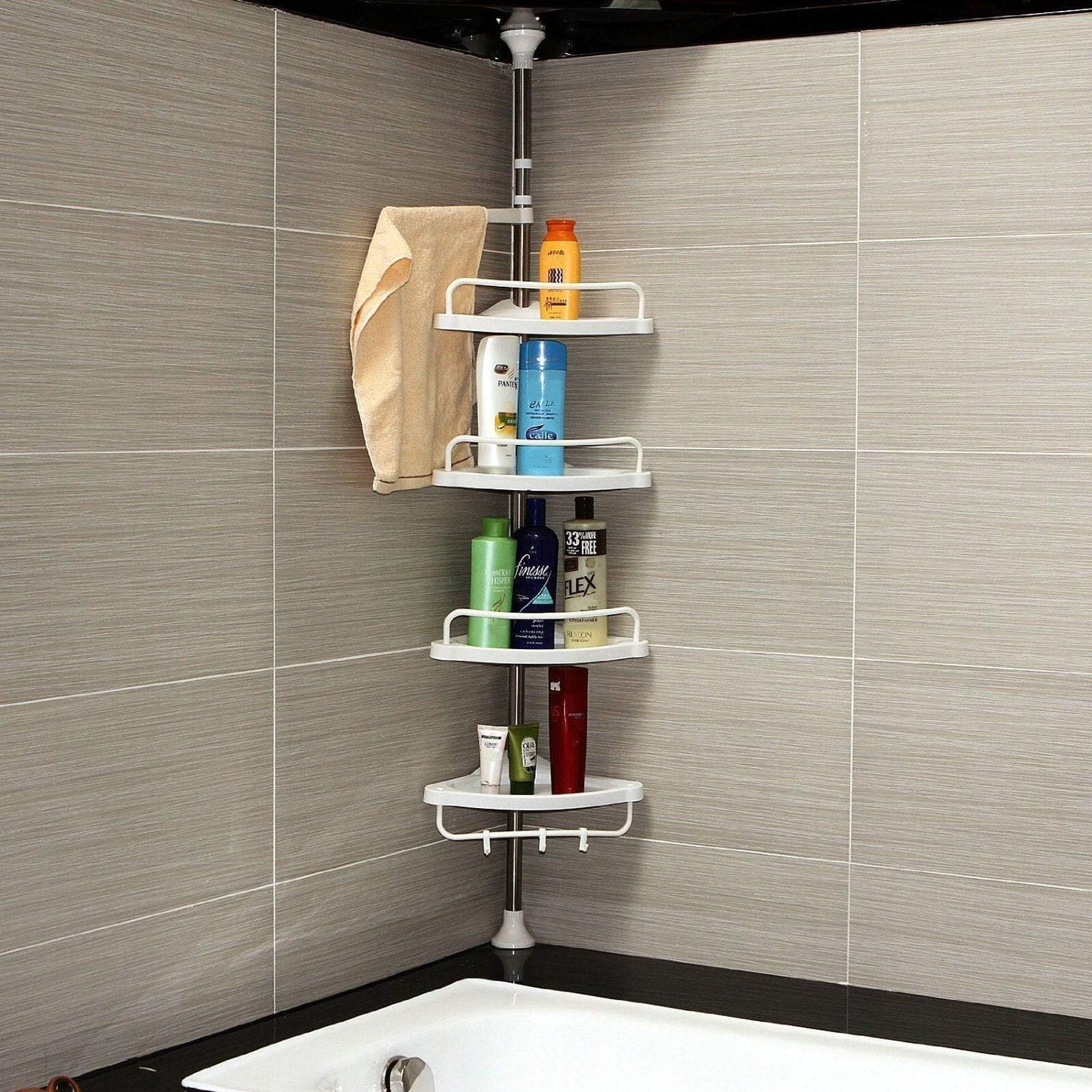 DHOUTDOORS 4 Tier Adjustable Telescopic Shelf Bathroom Organiser Corner Rack Shower Shelf Caddy Holder 100cm - 246cm