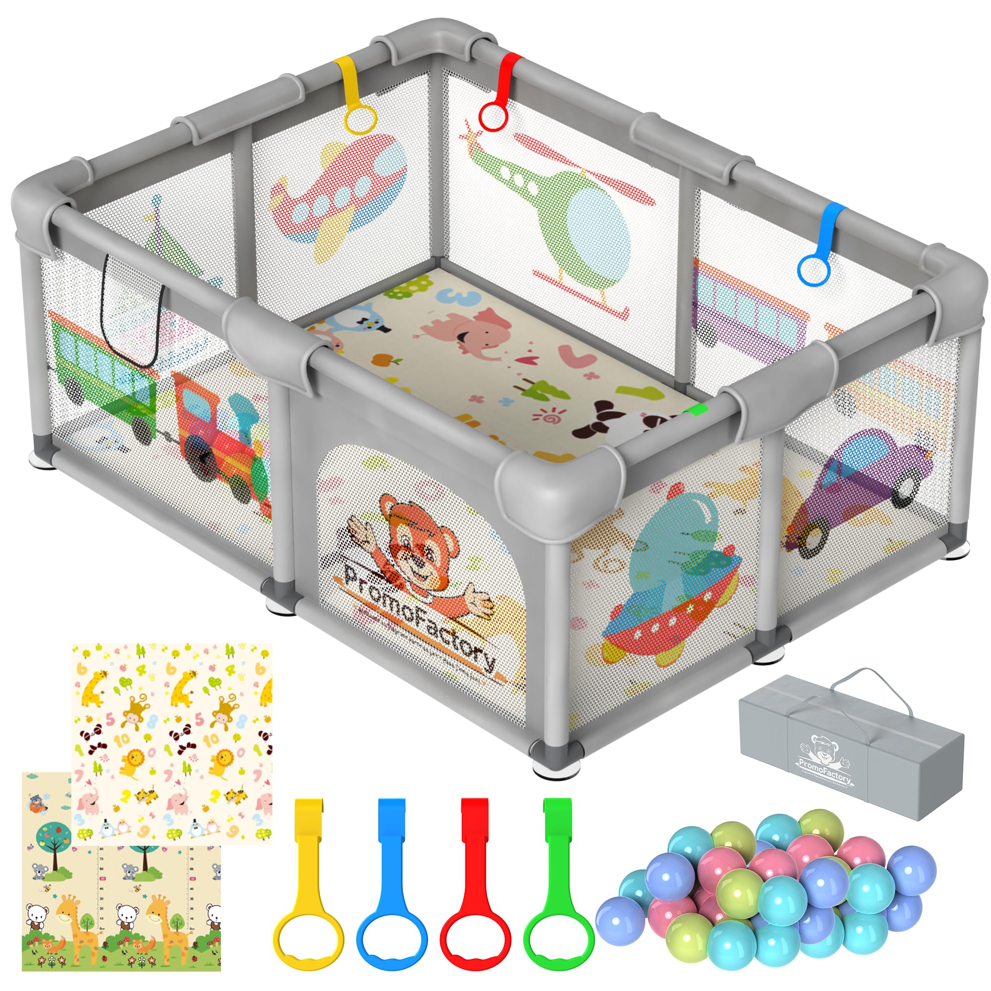 Parque Infantil Bebe 120x180cm con Alfombra acolchada, 50 Bolas, Agarraderas y Bolsas de Transporte - Corralito con Malla Transpirable para Bebés (Gris) XXL