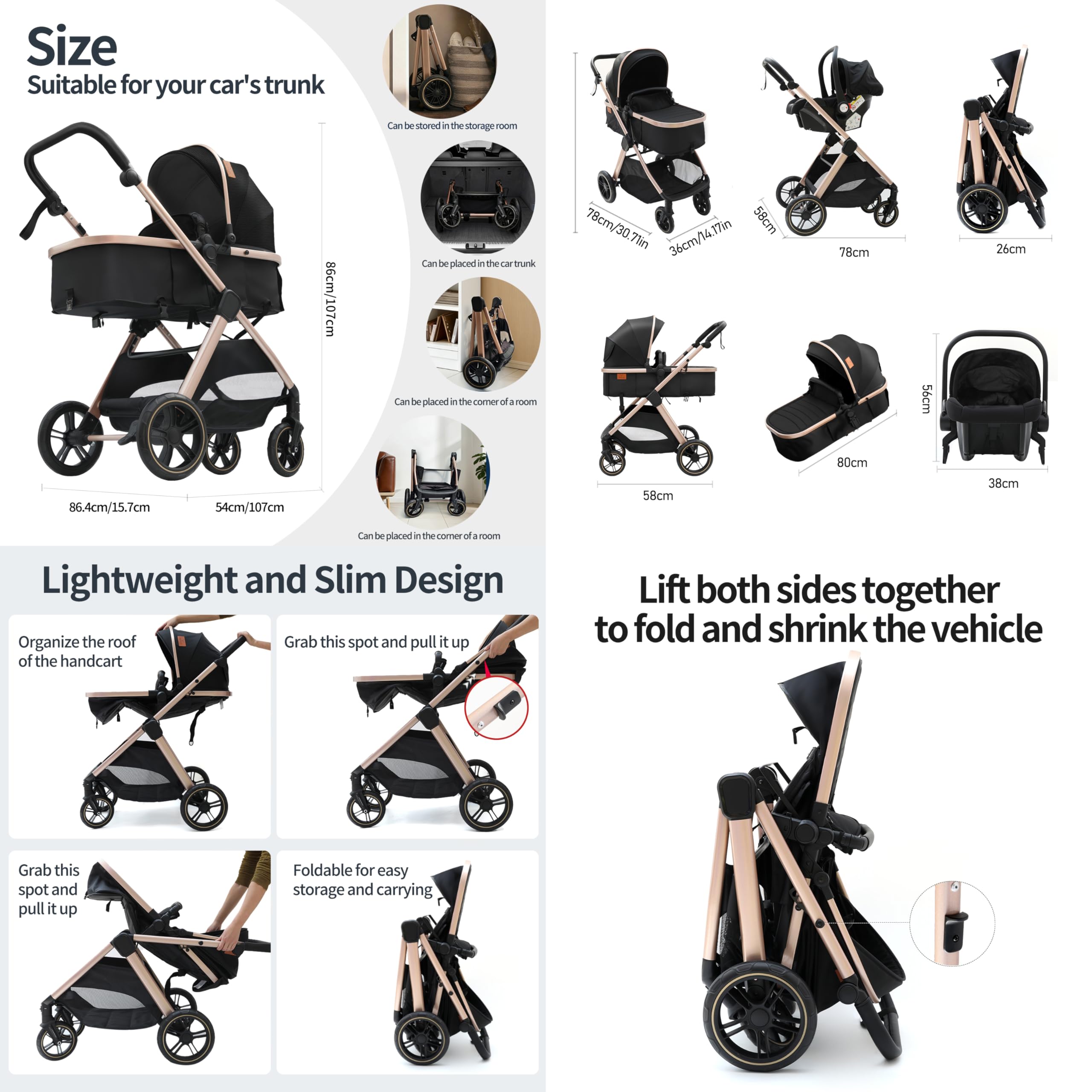 Passeggino Trio 3 in 1 Pieghevole in Un Clic con Telaio in Lega di Alluminio V10 Black