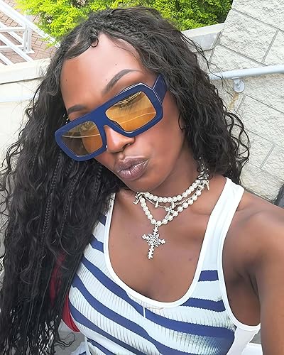 Vista 7 de TYA Lentes de sol rectangulares Y2K de moda para mujeres y hombres, retro, de gran tamaño, con marco grueso, protección UV400