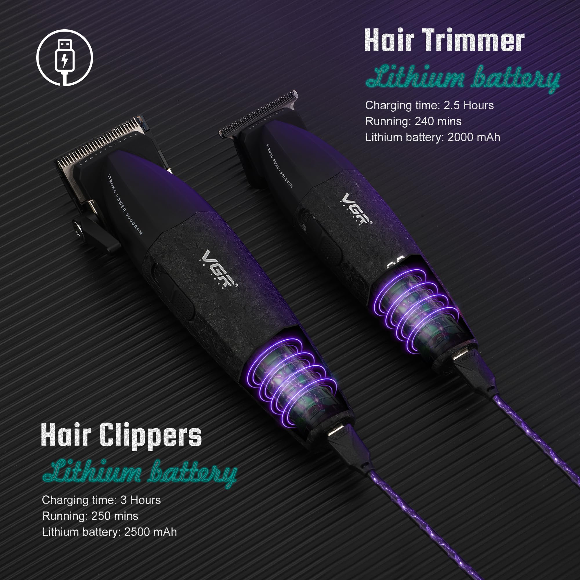 VGR Trimmer per capelli senza fili per uomo - Combo professionale da barbiere 9000 giri/min - Macchina da taglio elettrica ricaricabile USB-C - Kit da taglio