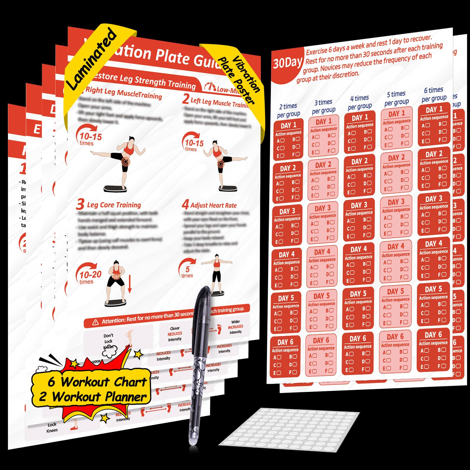 FANPARE Vibration Plate Exercise Machine Workout Chart Posters - 6 Laminated Wall Fitness Guide & 2 Reusable Planner & 1 Erasable Pen, Suitable for Home Gym Whole Body Training