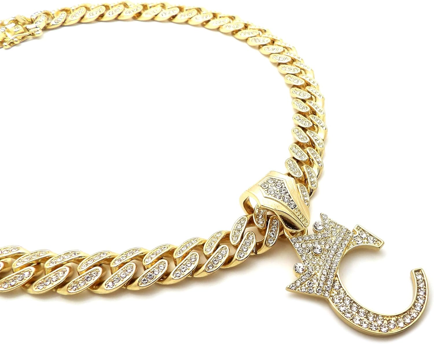 Hip Hop Alphabet Initial C Pendant & 13mm 20" Full Iced Box Lock Cuban Chain Gold Plated Necklace - Image 5