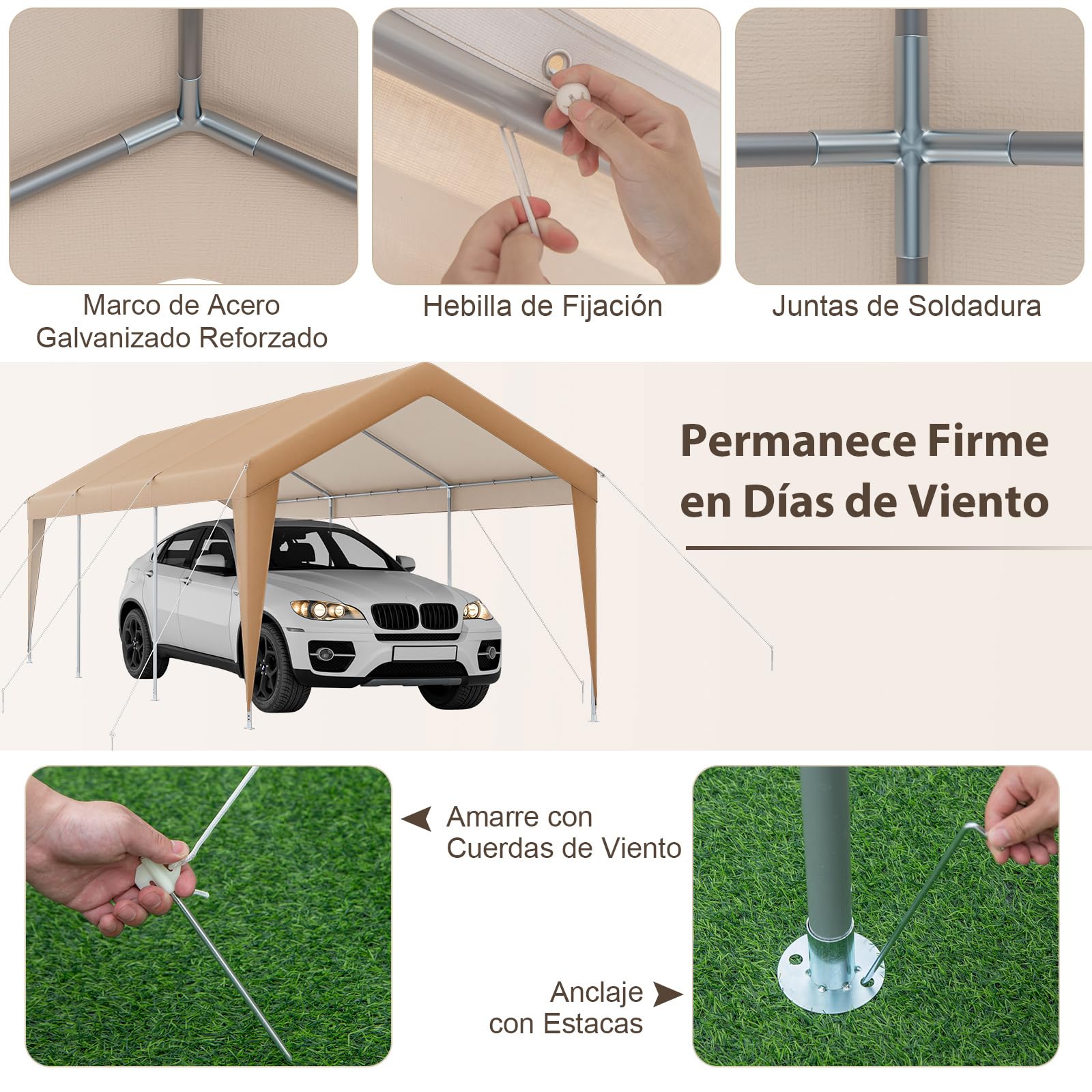 COSTWAY Carpa de Garaje Portátil de 3 x 6m, con Estructura de Metal Galvanizado, Lona Exterior para Coche, Barco o Fiesta (sin Laterales Removibles)