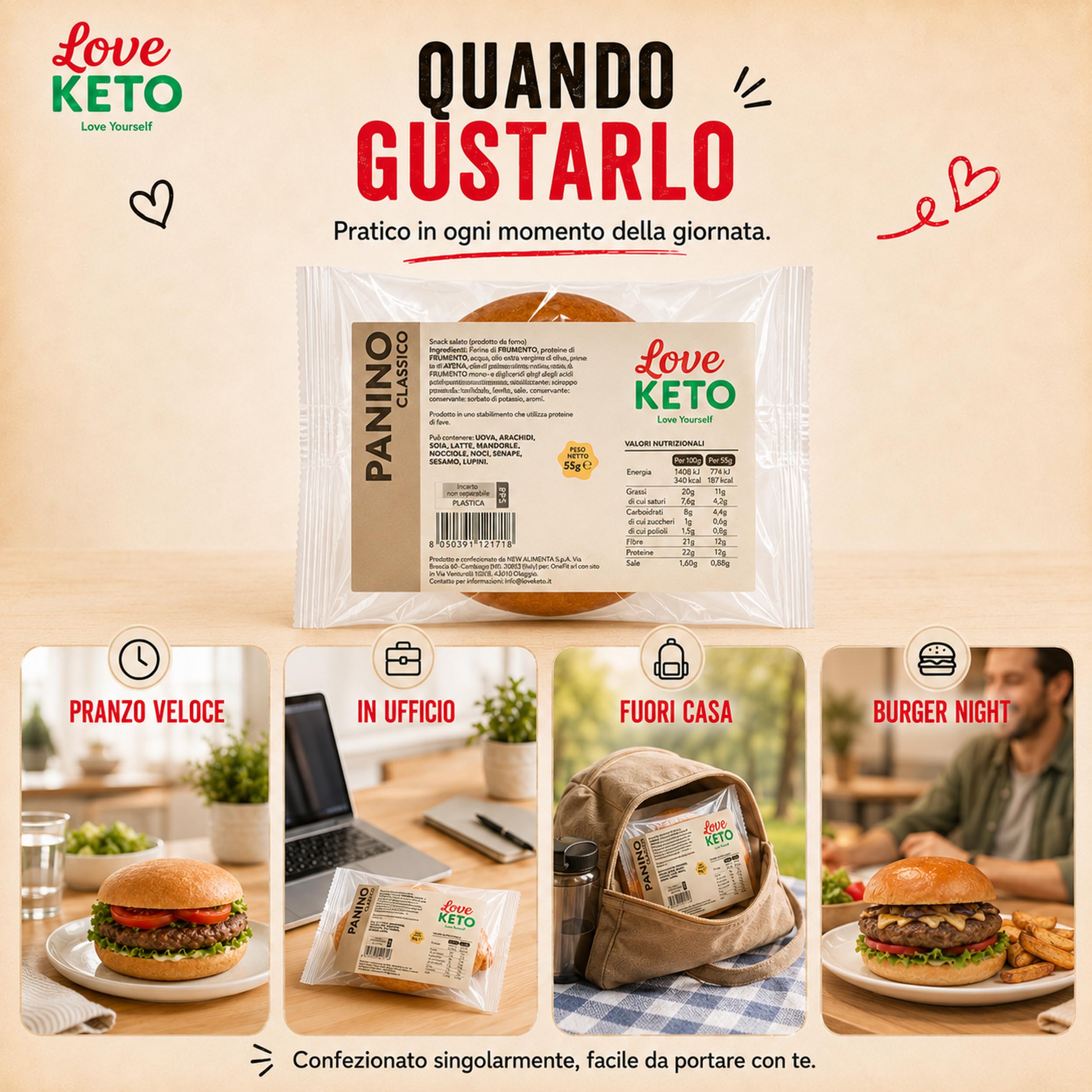 Pane keto proteico Low Carb, 30 Panini Keto da 55 g - Made in Italy